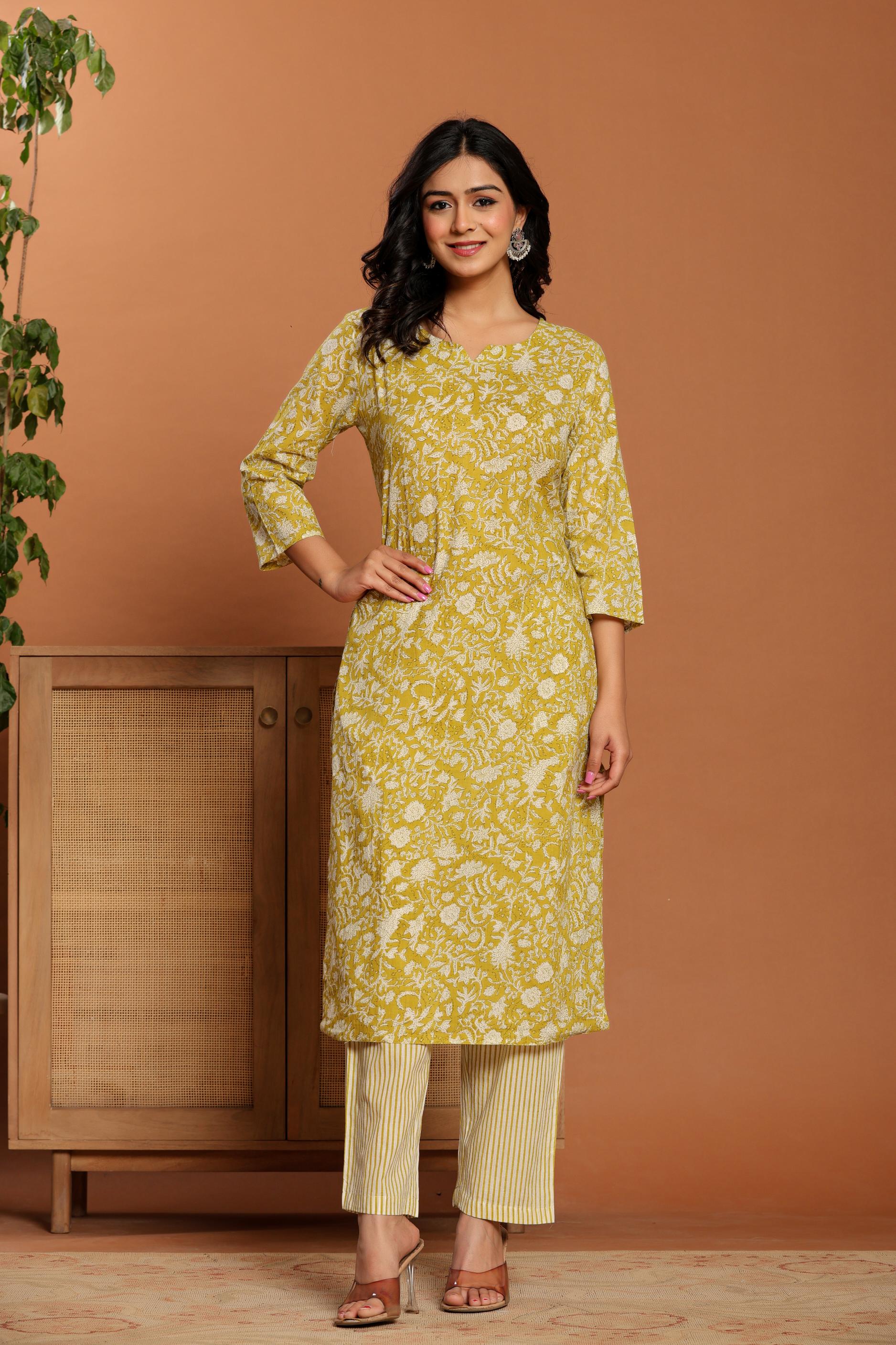 Green Printed Cotton Kurta Set - qivii