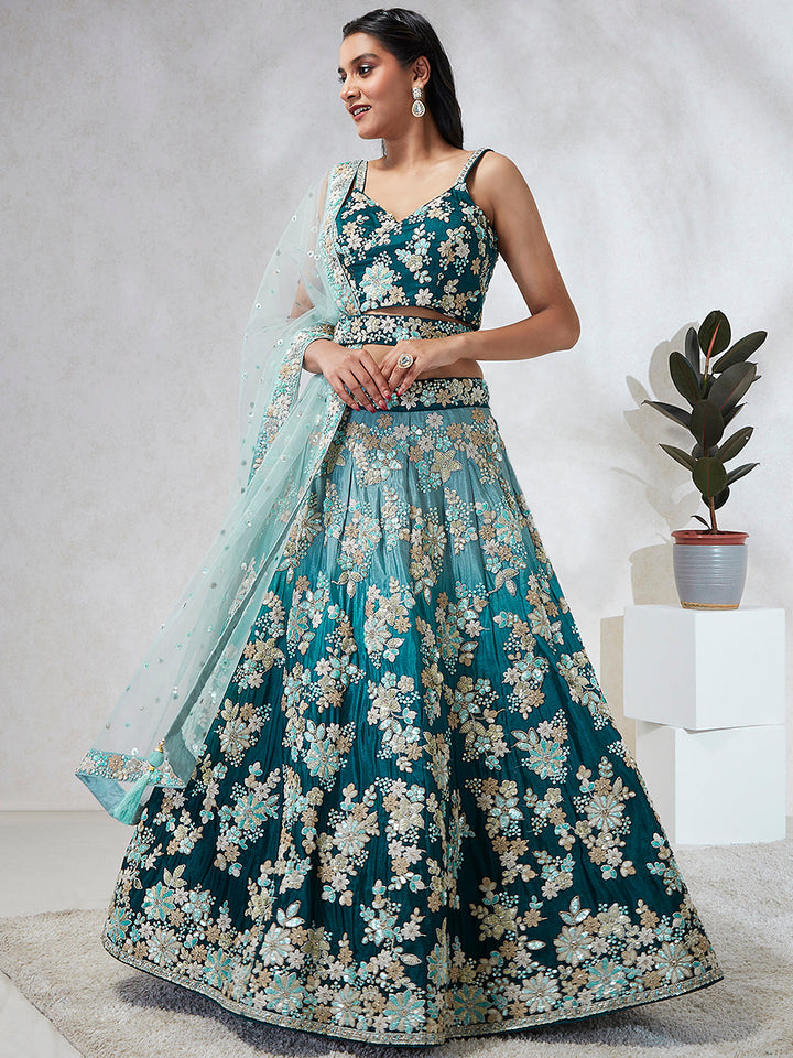 Shaded Teal Color Chiffon Double Color Sequin Embroidered Stitched Lehenga