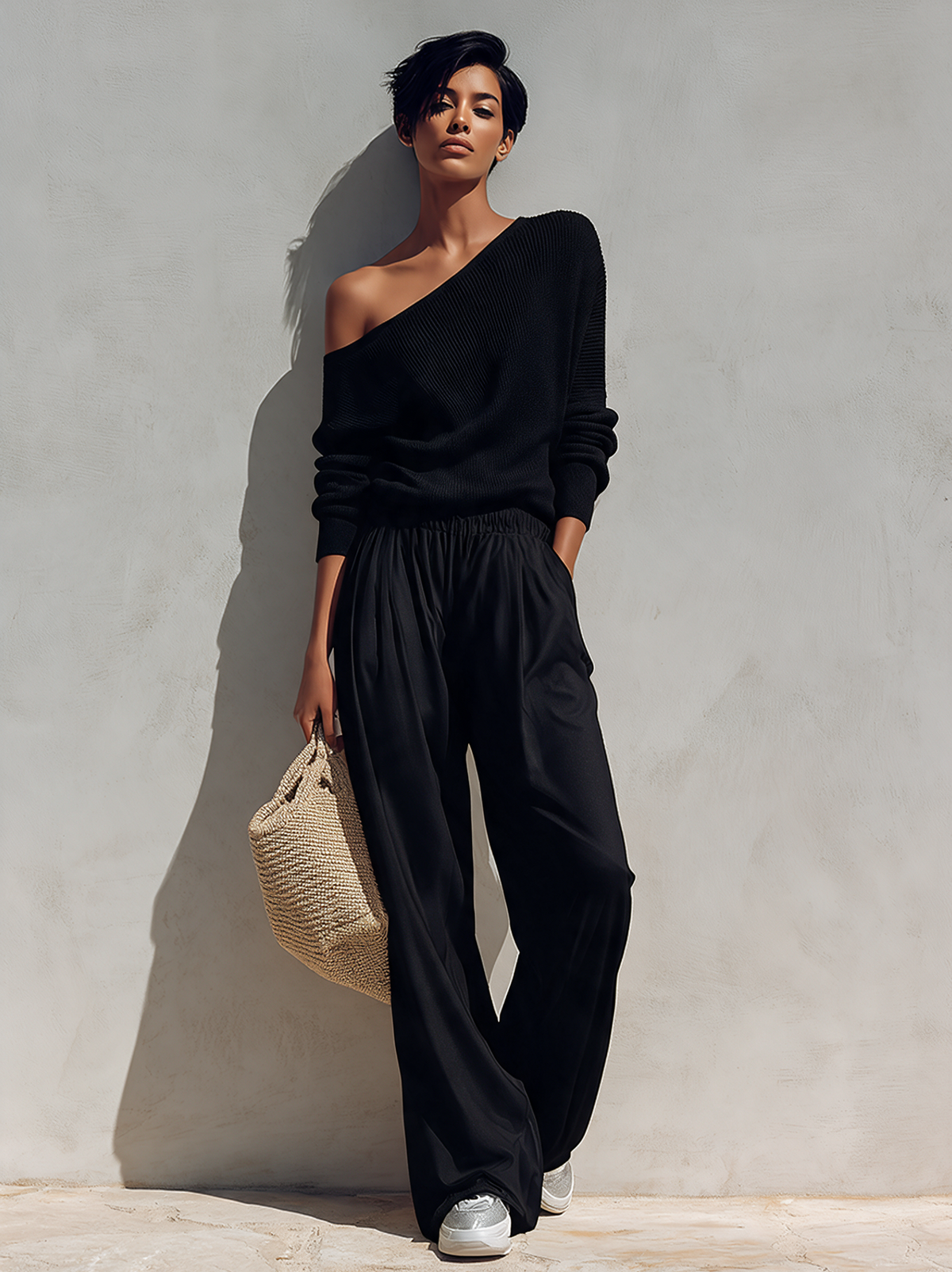 Women's Asymmetric One-Shoulder Knit Top & Wide-Leg Trousers Set MDZ1424H6ZRK