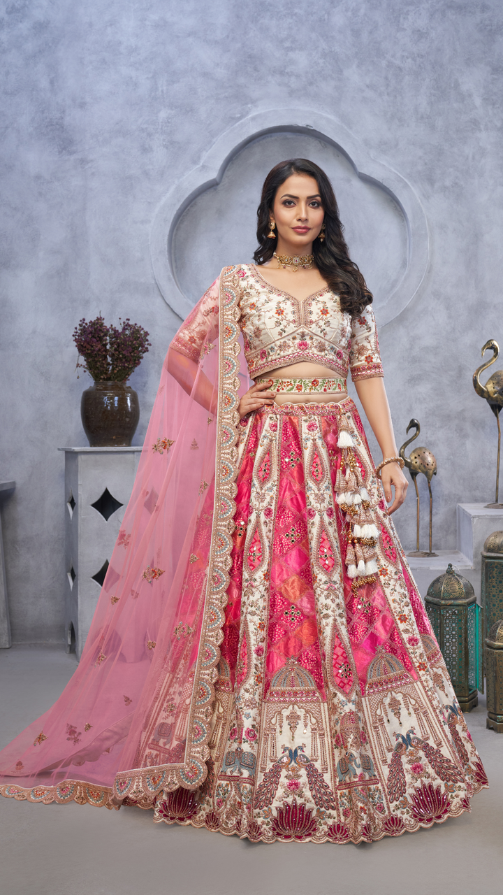 Ivory Bridal Lehenga with Temple Motifs, Peacock Designs & Bandhej Jacquard Patches Lehenga Choli