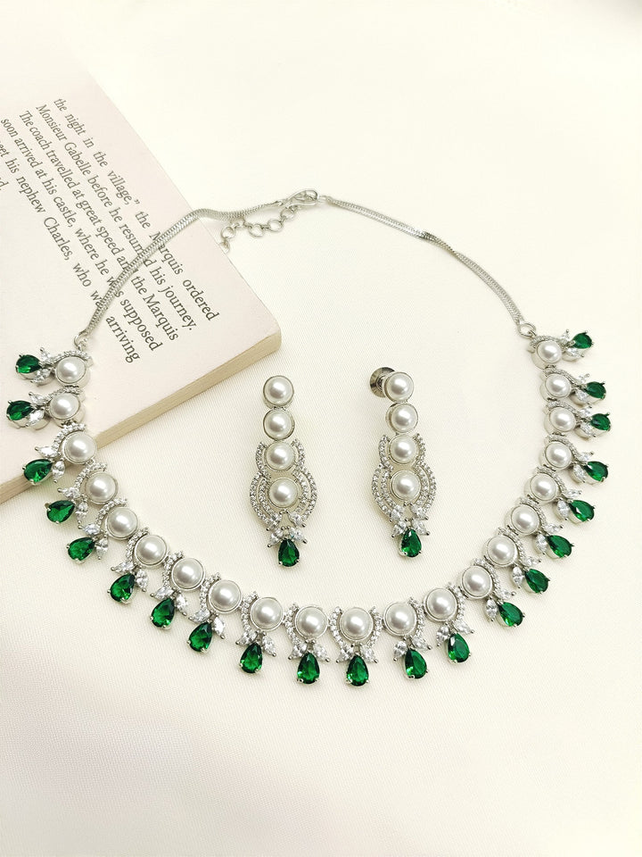 Inakshi Green American Diamond Necklace Set