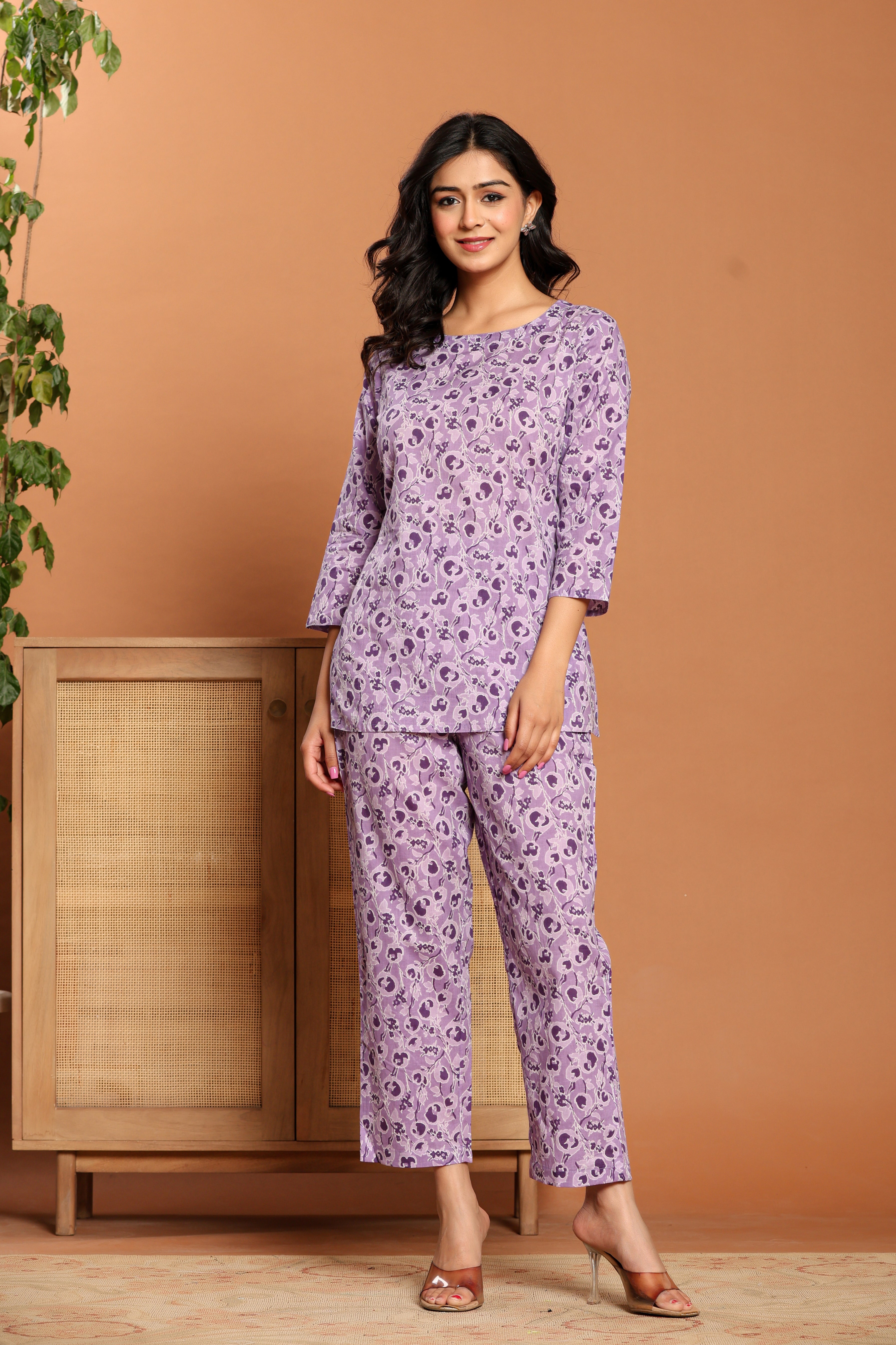 Purple Printed Cotton Coord Set - qivii