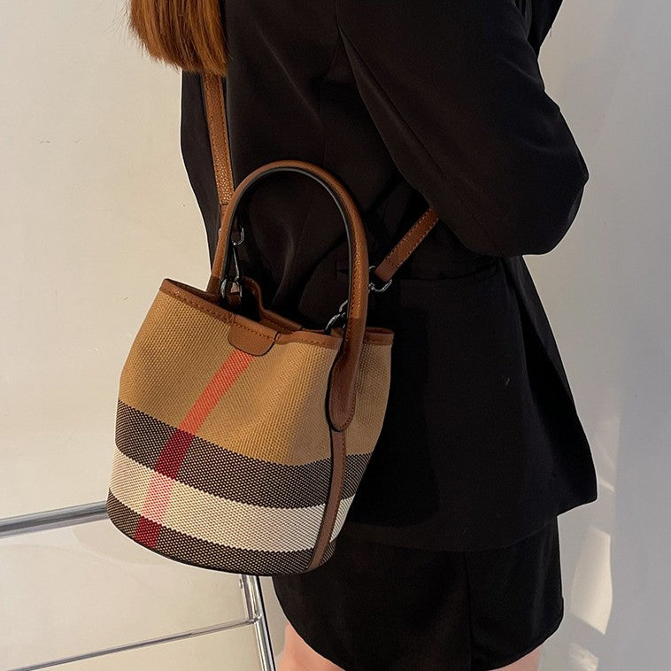 Women’s Regent Plaid Bucket Satchel — Heritage Check Full-Grain Leather Convertible with Detachable Pouch & Effortless Transition Carry