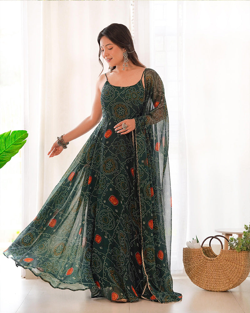 Floral Dark Green Color Bandhani Print Soft Chiffon Anarkali Gown  - By Qivii