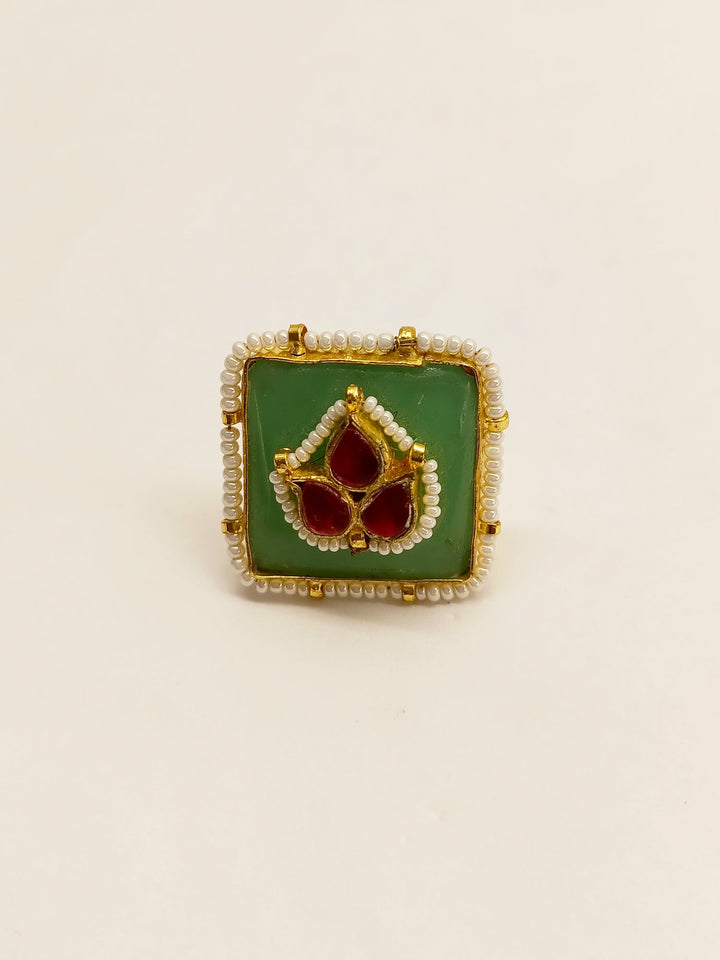 Elegant Neeti Kundan Finger Ring with Mint Green Stone for women