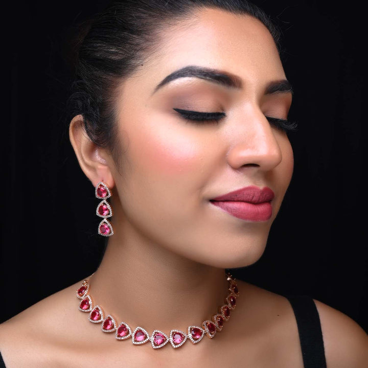 Suraiya Rose Gold Plated Semiprecious Rose Pink Stone American Diamond set