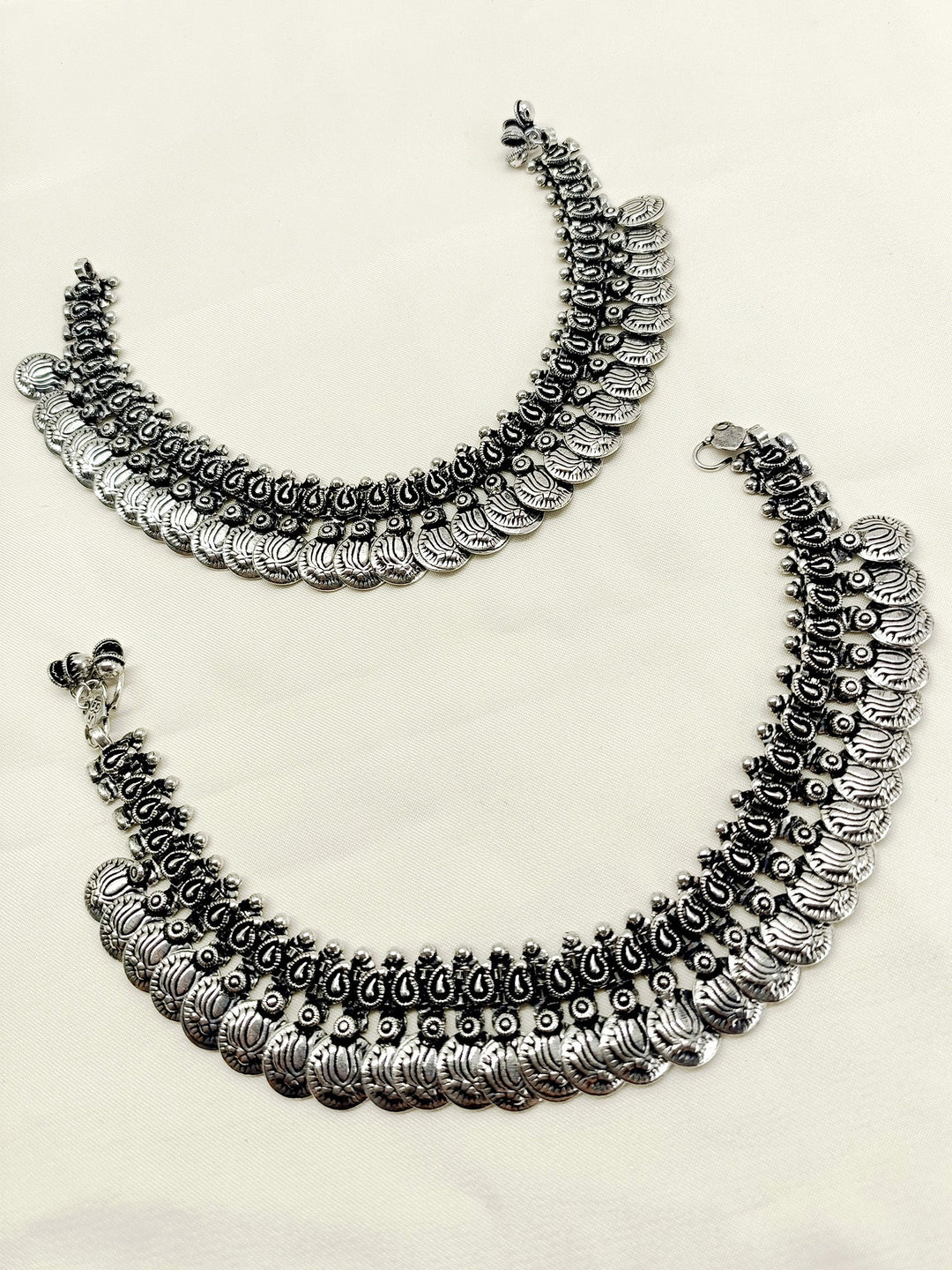 Handcrafted Mohi Oxidized Silver Anklet with intricate tribal design and adjustable chain