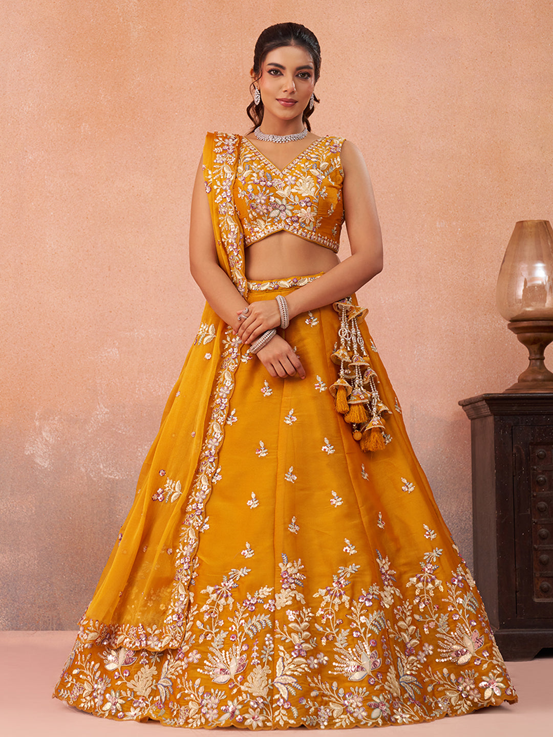 Mustard Tissue Sequined with Zari Embroidered Semi-Stitched Lehenga Set
