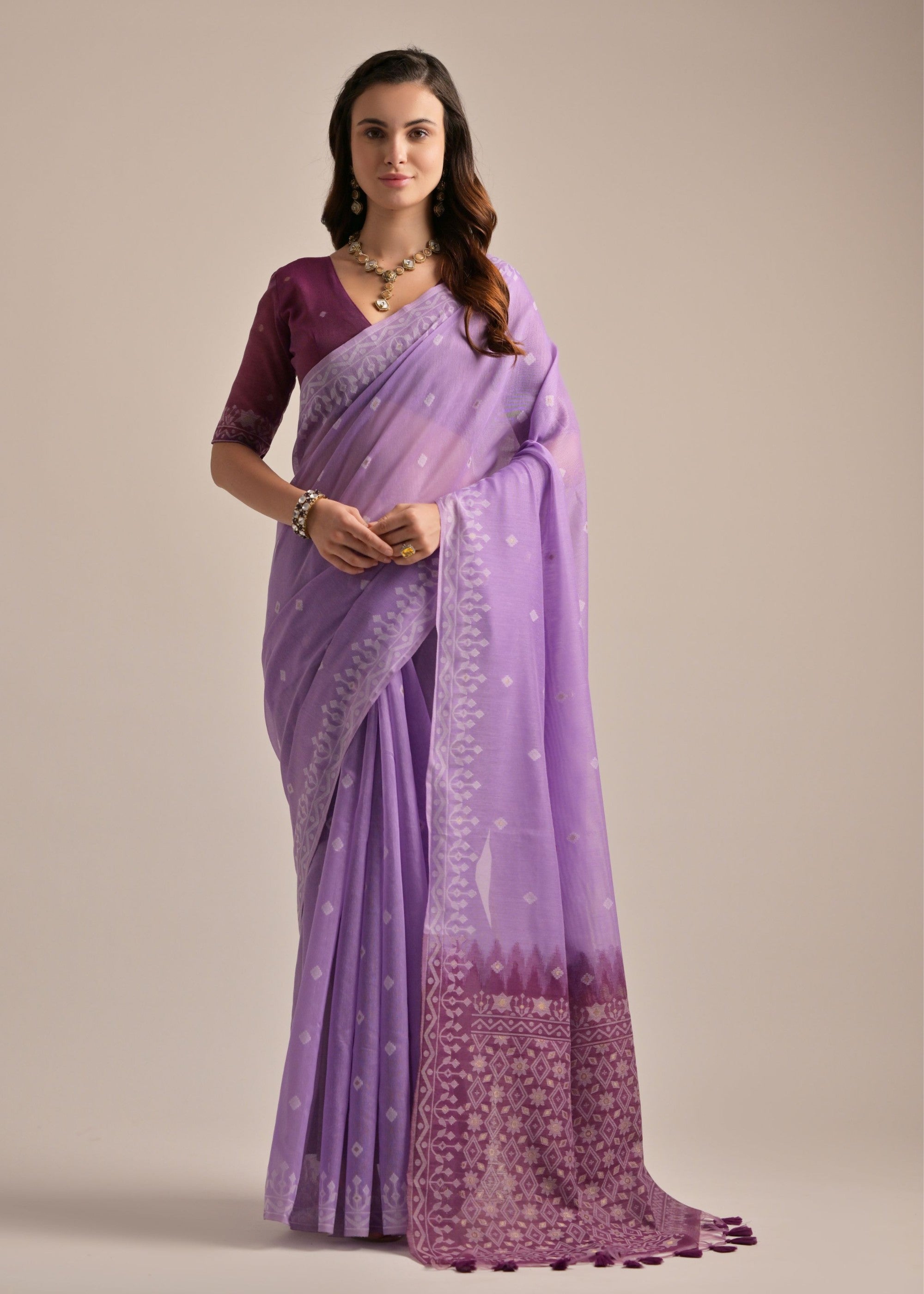 Lavender Thread Butti Lakhnawi Weaves Muga Cotton Saree With Contrast Pallu - qivii