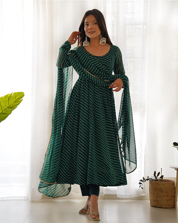 Green Color Laheriya Print Georgette Three Piece Anarkali Suit  - By Qivii