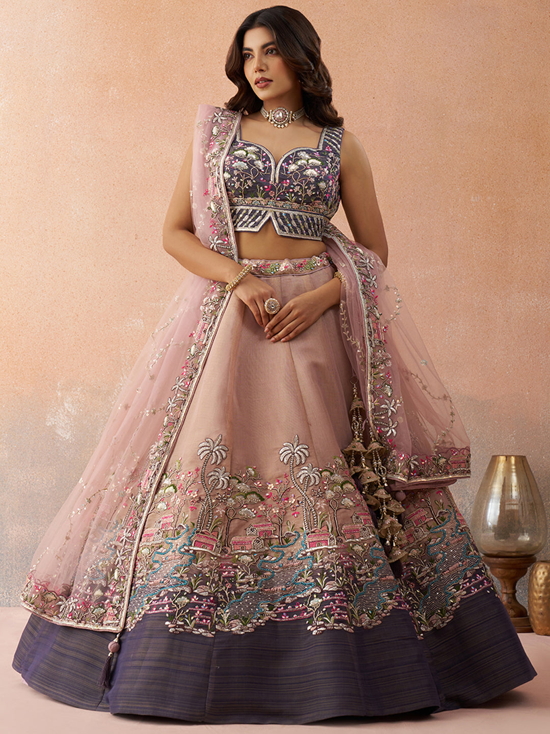 Ombre Purple and Mauve Sequins Embroidered Semi-Stitched Lehenga Set