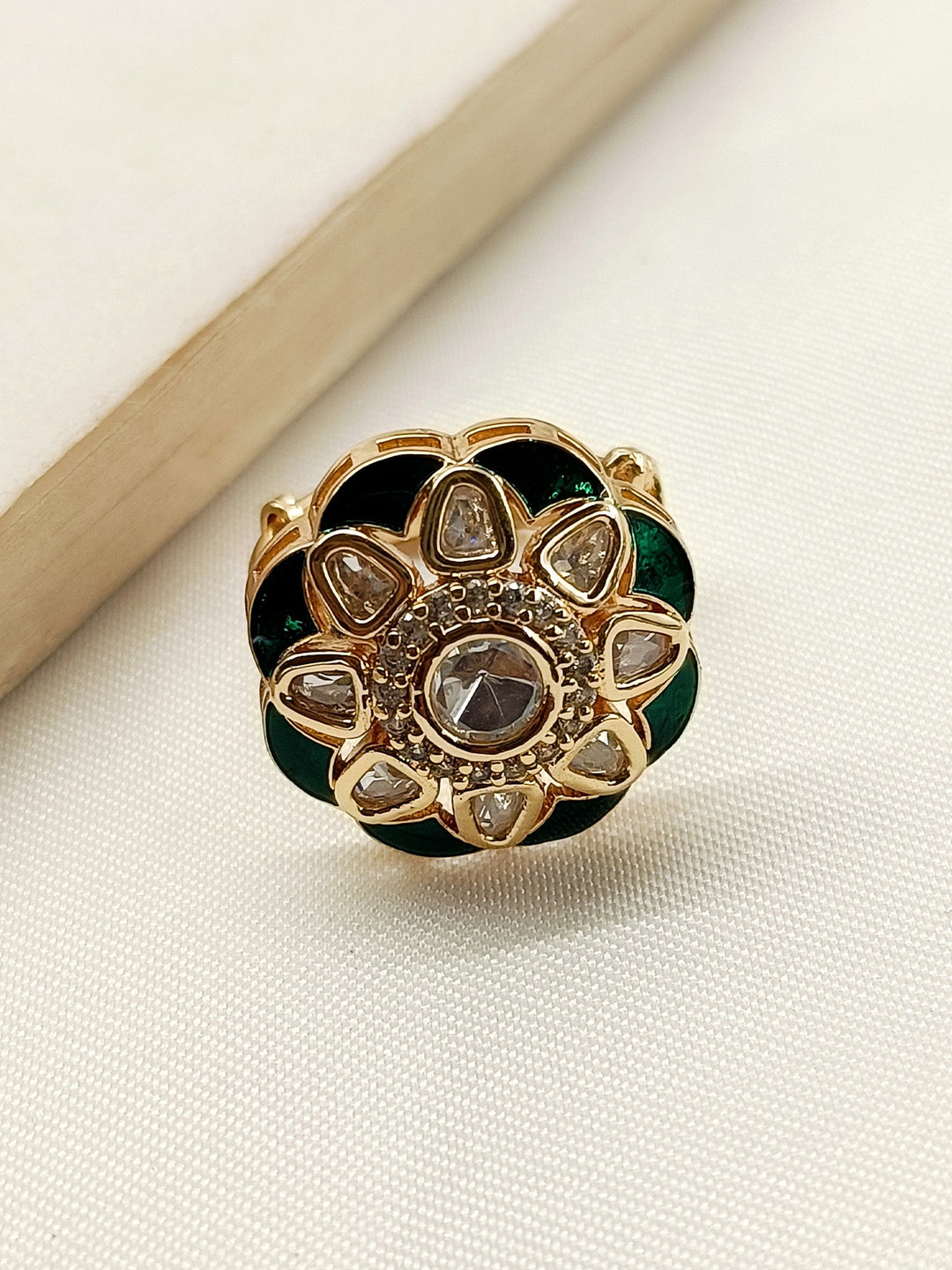 Alanna Green Kundan Finger Ring with intricate floral design and sparkling gemstones