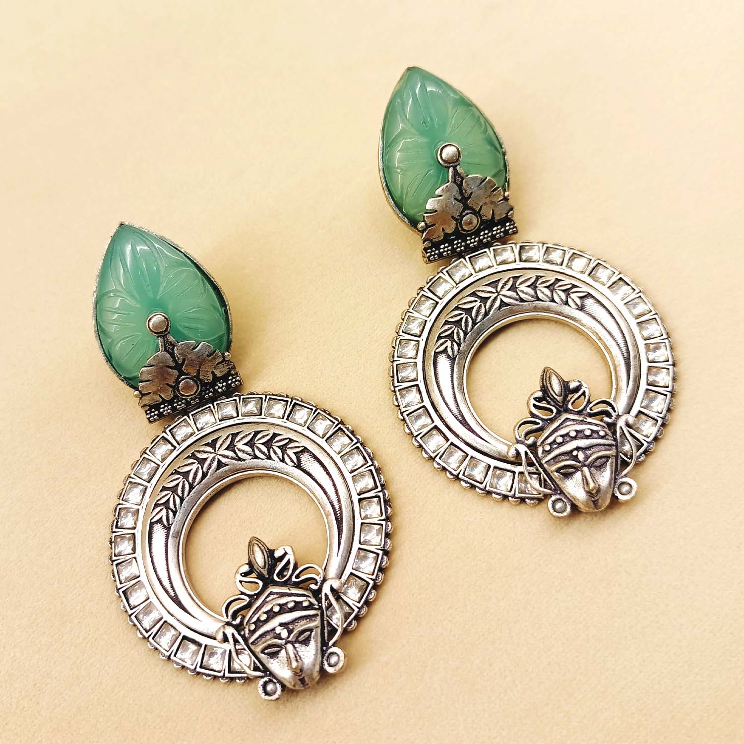 Mayura Mint Green Stone Temple Silver Plated Boutique Earrings