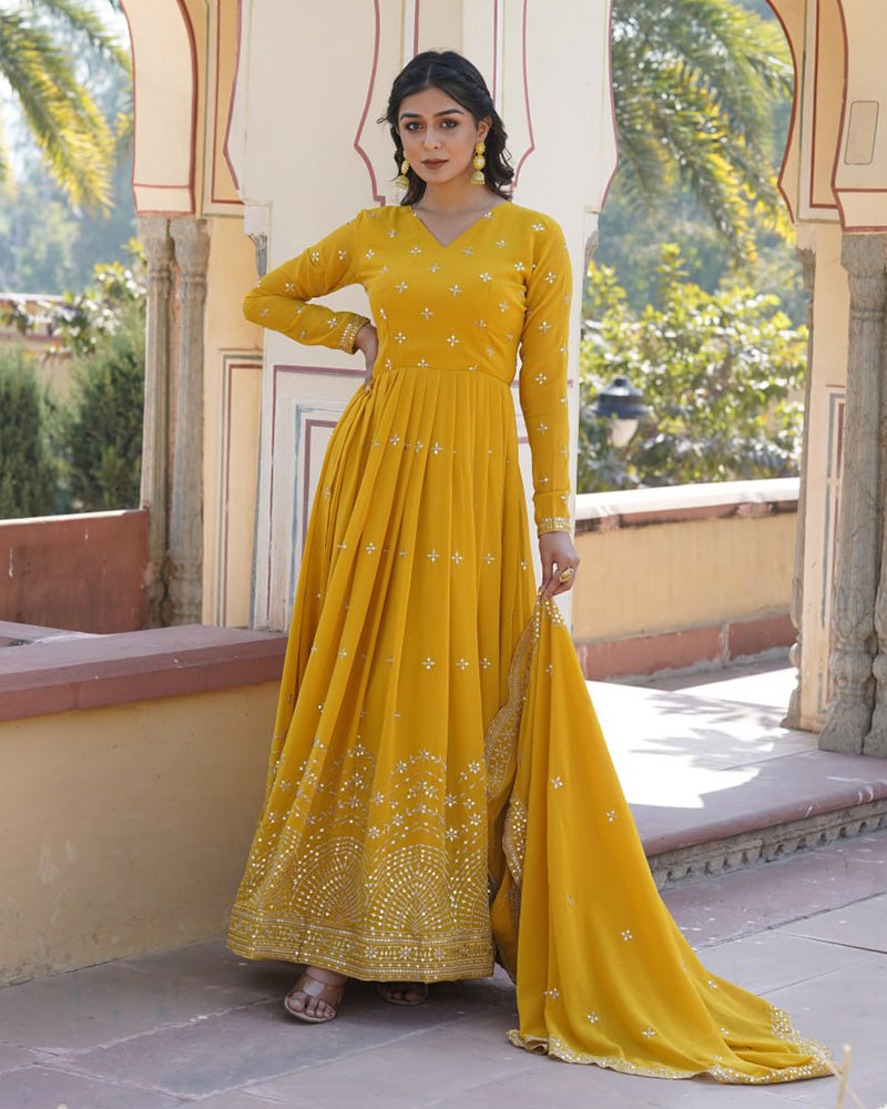 Yellow Color Full Flair Anarkali Gown With Embroidered Dupatta  - By Qivii