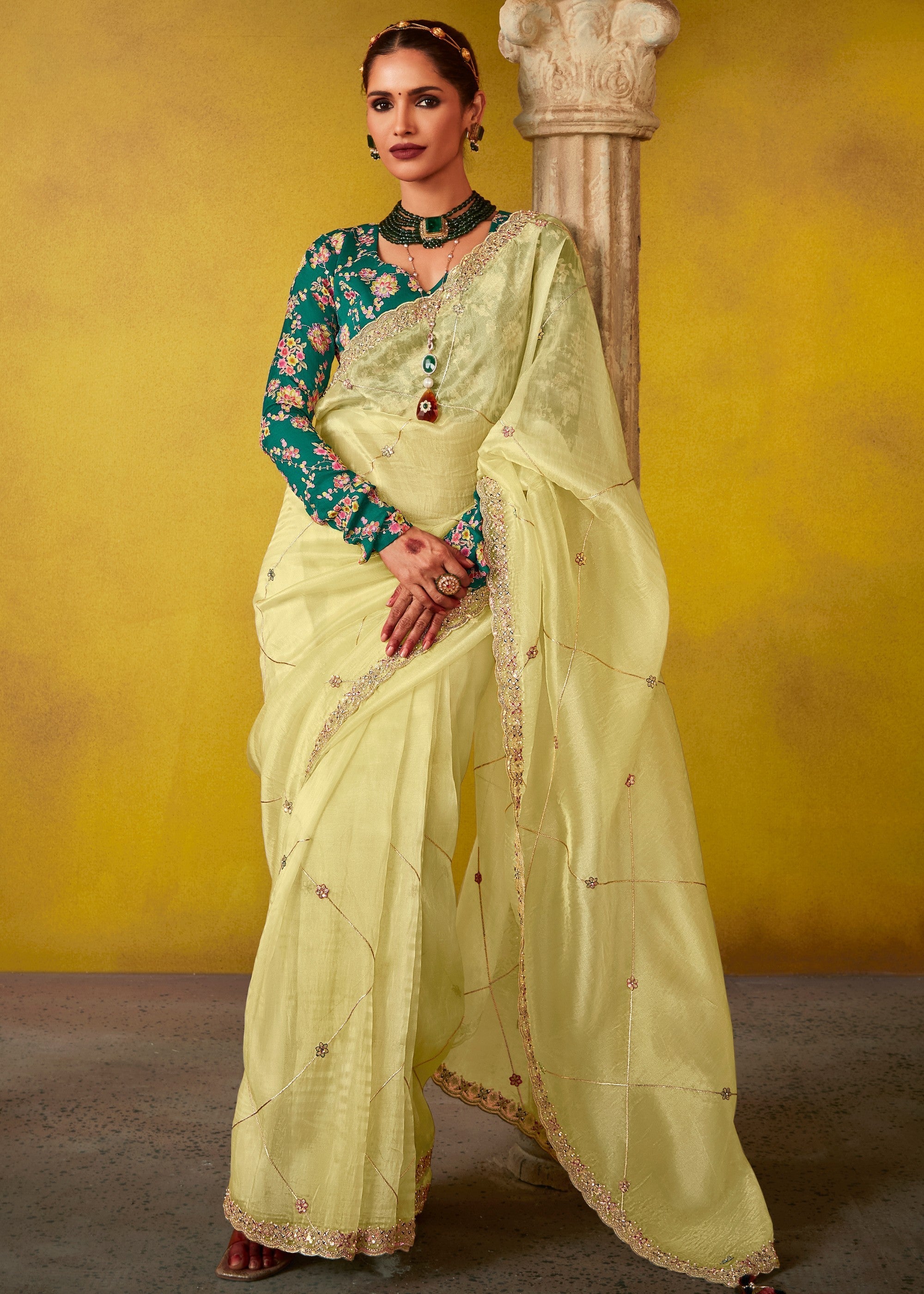 Lemon Yellow Glass Tissue Silk Saree With Sequins And Thread Embroidered Work - qivii