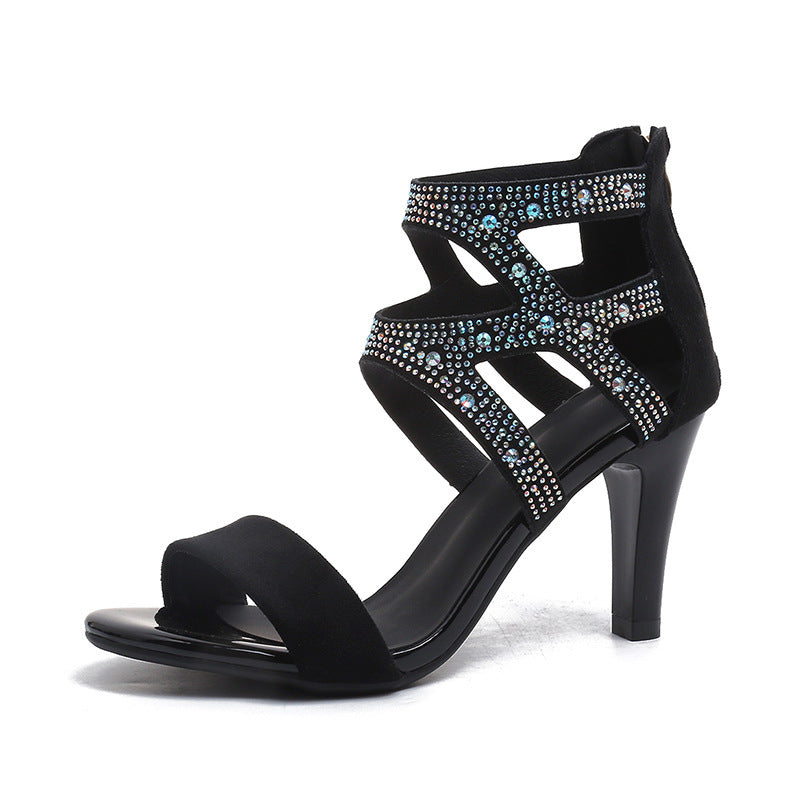 Women’s Aurora Rome Stiletto Heels – Zip Back Suede Open-Toe Sandals (US4–10.5)