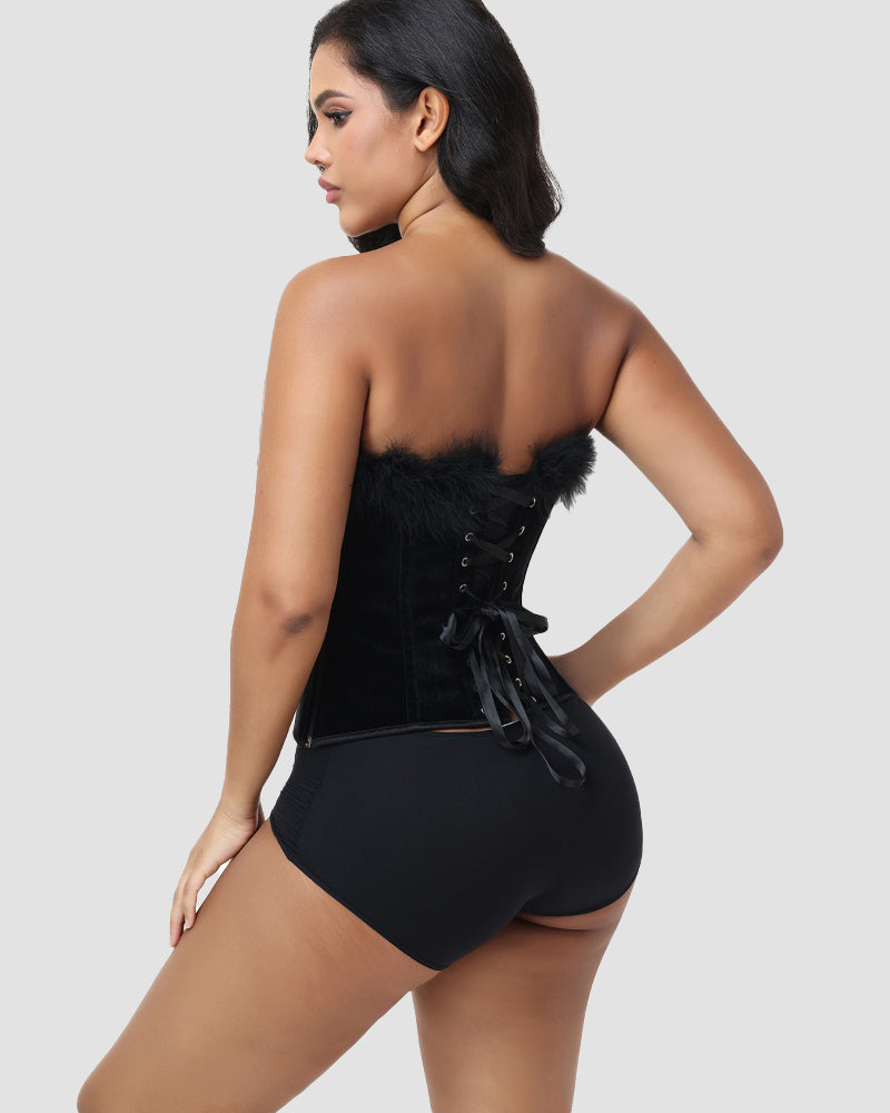 Black Velvet Feather Trim Strapless Corset Top with Lace Up Back