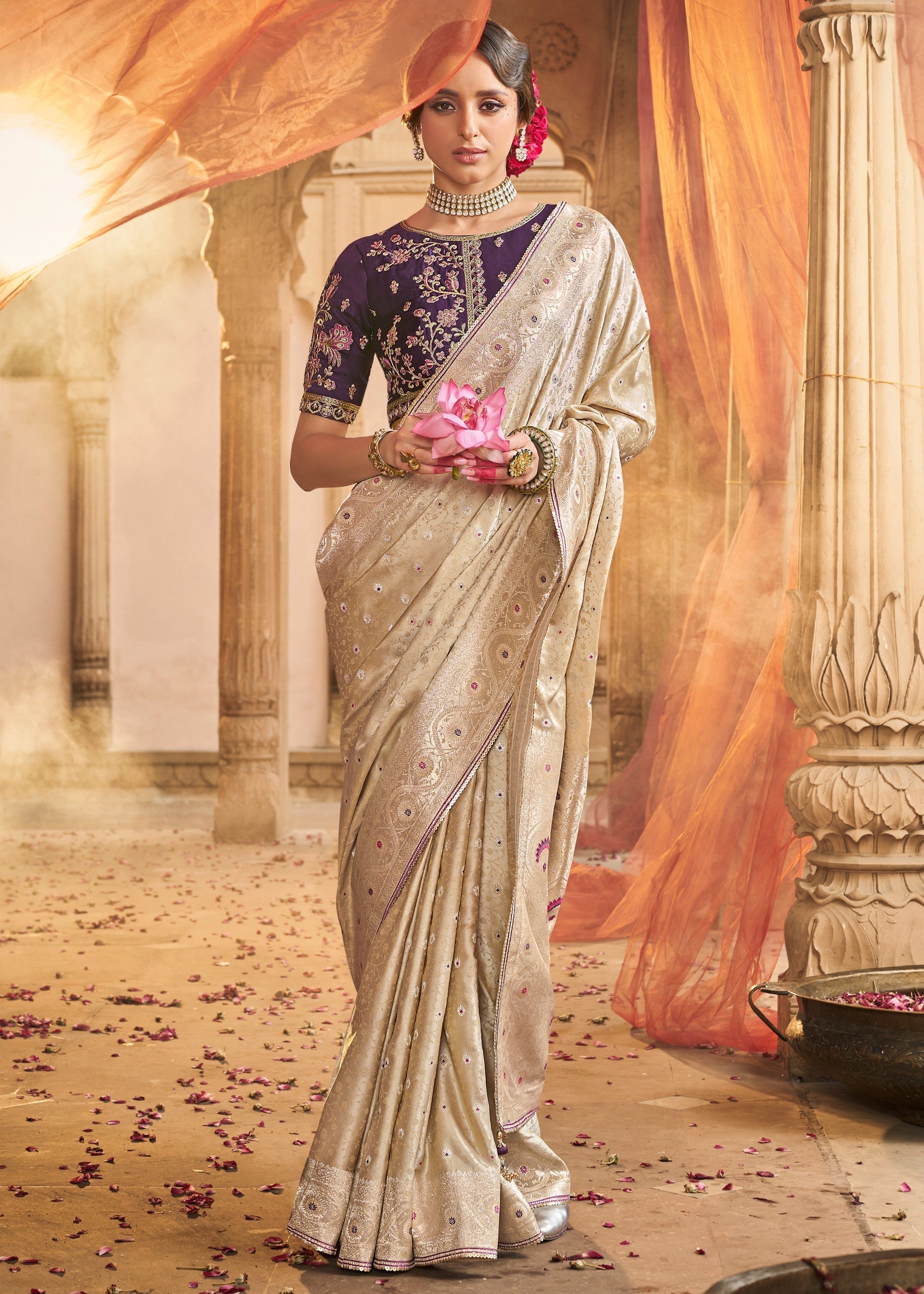 Warm White Satin Silk Saree With Beautiful Lace Border And Heavy Designer Embroidered Blouse - qivii