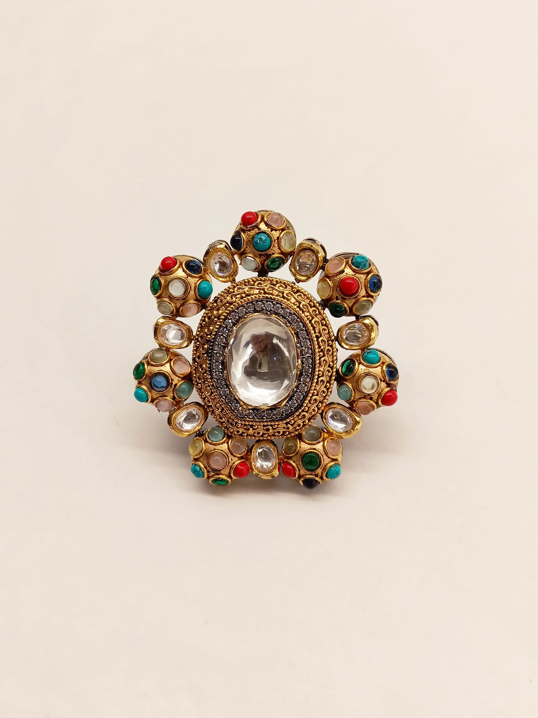 Shelly Victorian Navratna Finger Ring with colorful gemstones and intricate vintage-inspired design