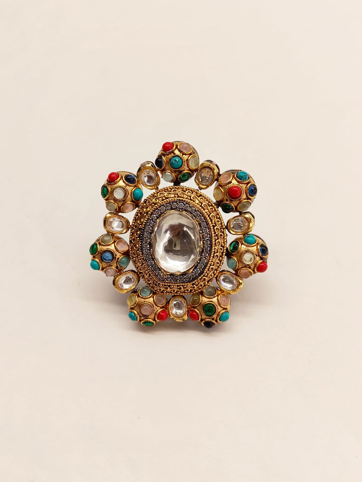 Shelly Victorian Navratna Finger Ring with colorful gemstones and intricate vintage-inspired design