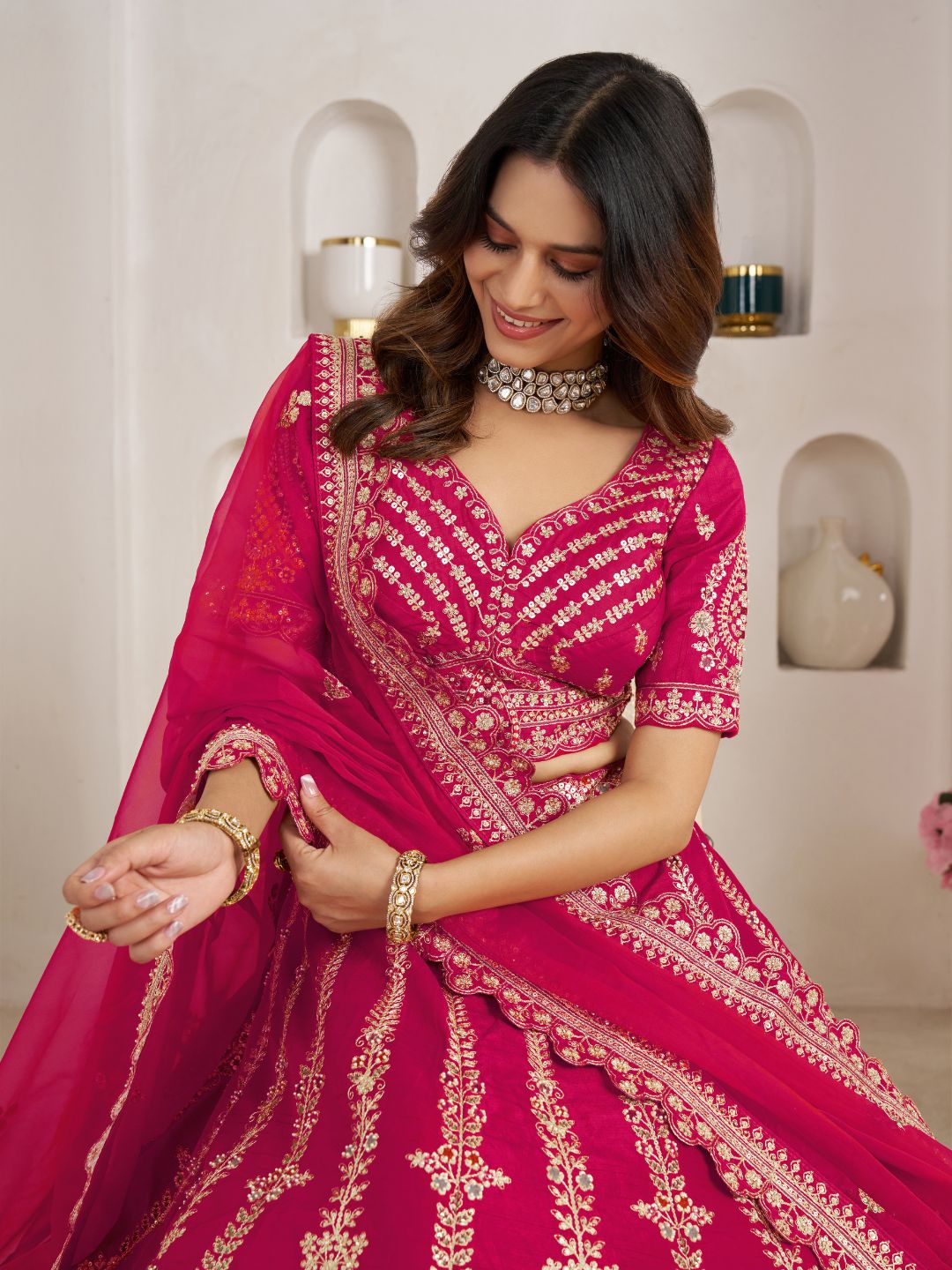 Classic Rani Silk Bridal Lehenga with Floral Zari Embroidery