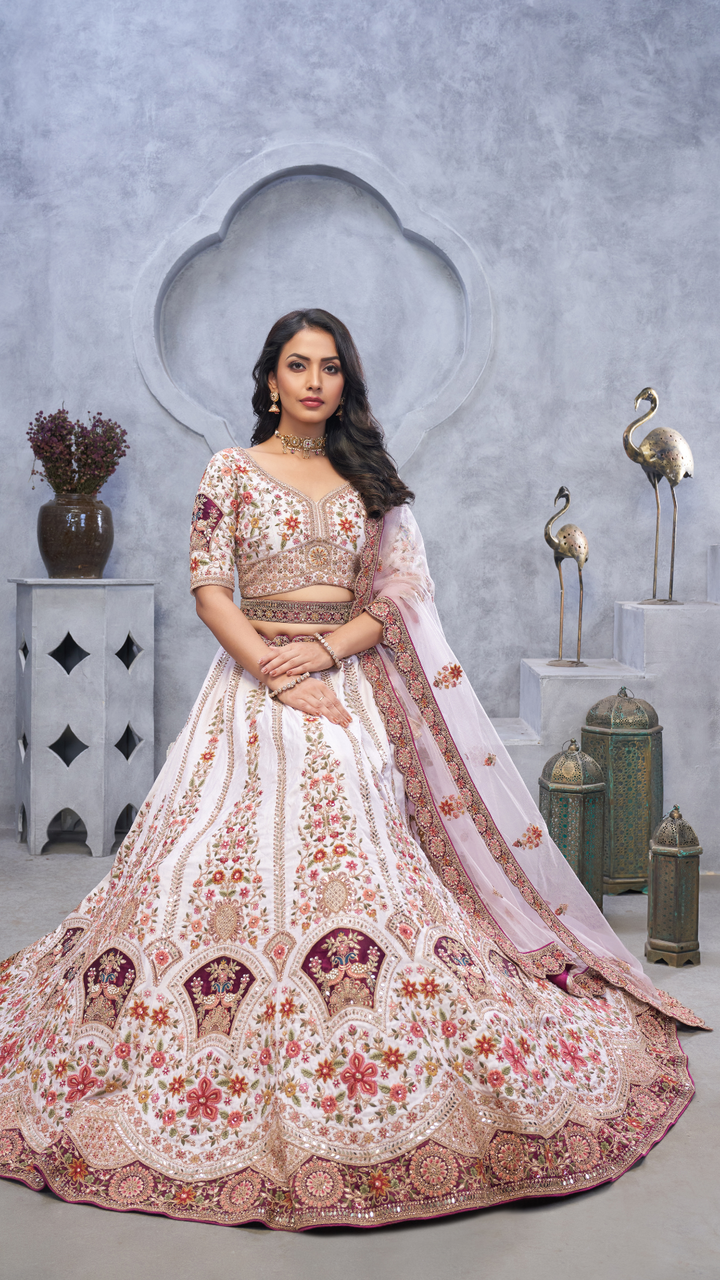 Bridal Light Purple Lehenga with Zari Paisley Embroidery, Silk Patches, and Regal Peacock Motifs