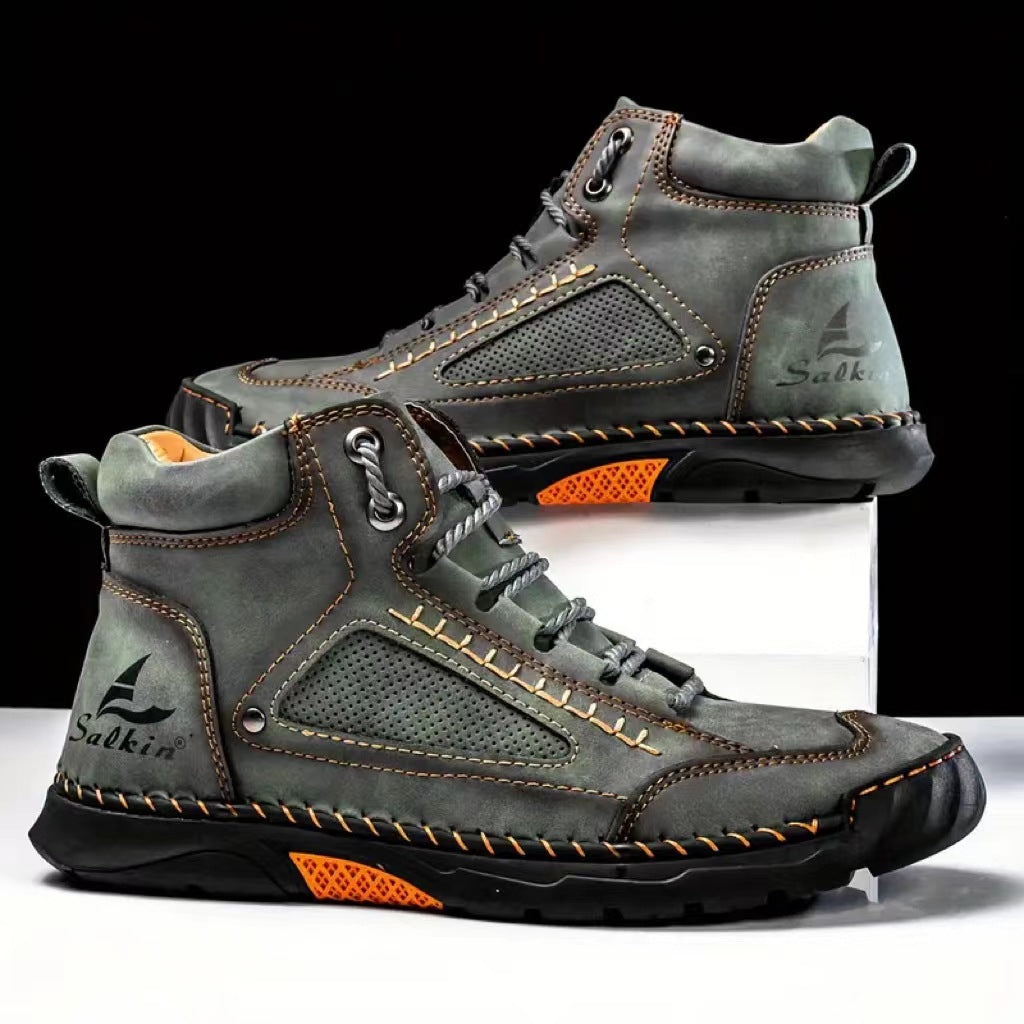 Men's Atelier Chukka Boot - Extended Fit PU Leather - Hand-Stitched Ankle Boots with Flat Sole & Lace-Up