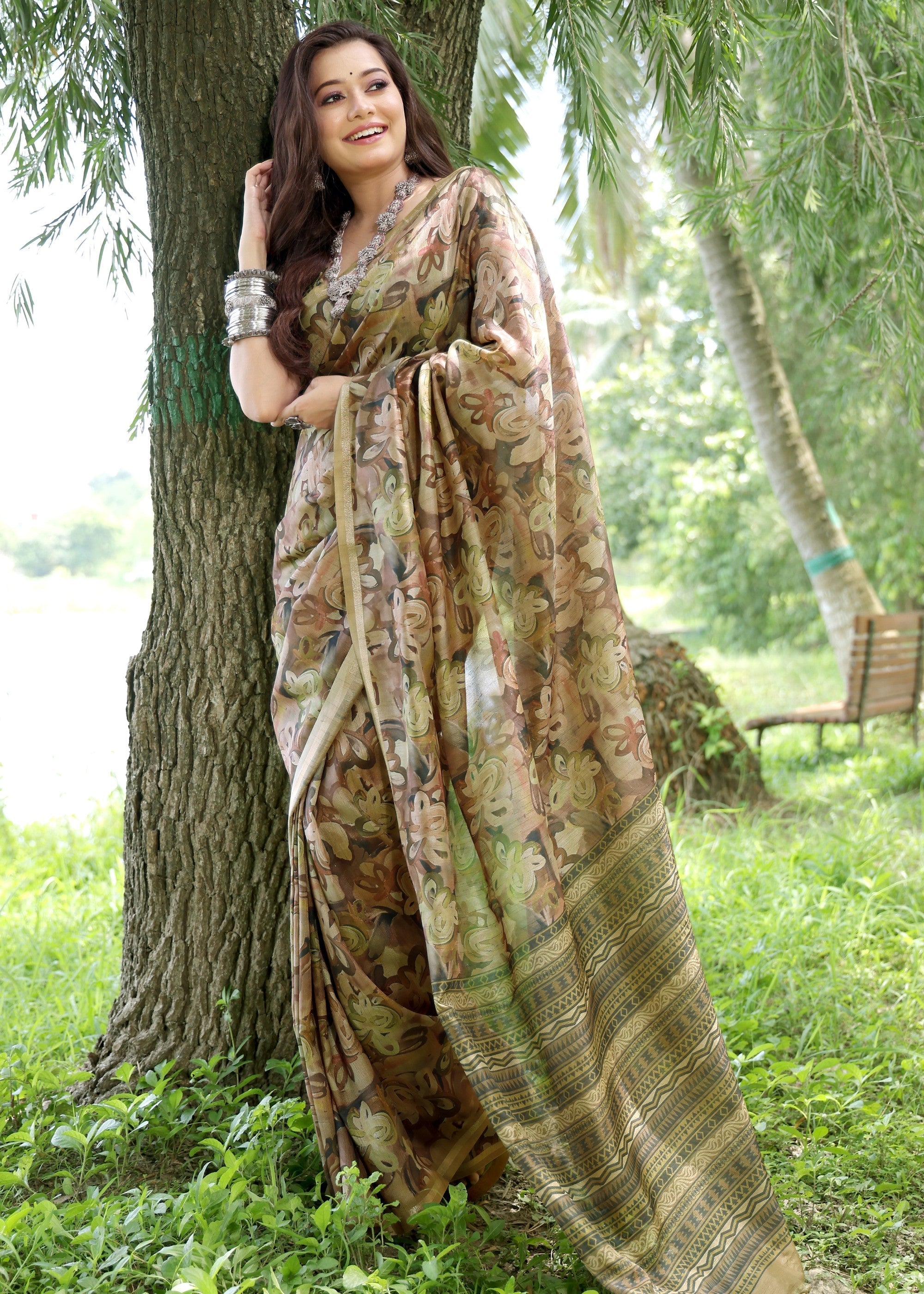 Coffee Flower Printed Design Cotton Silk Saree With Printed Pallu - qivii