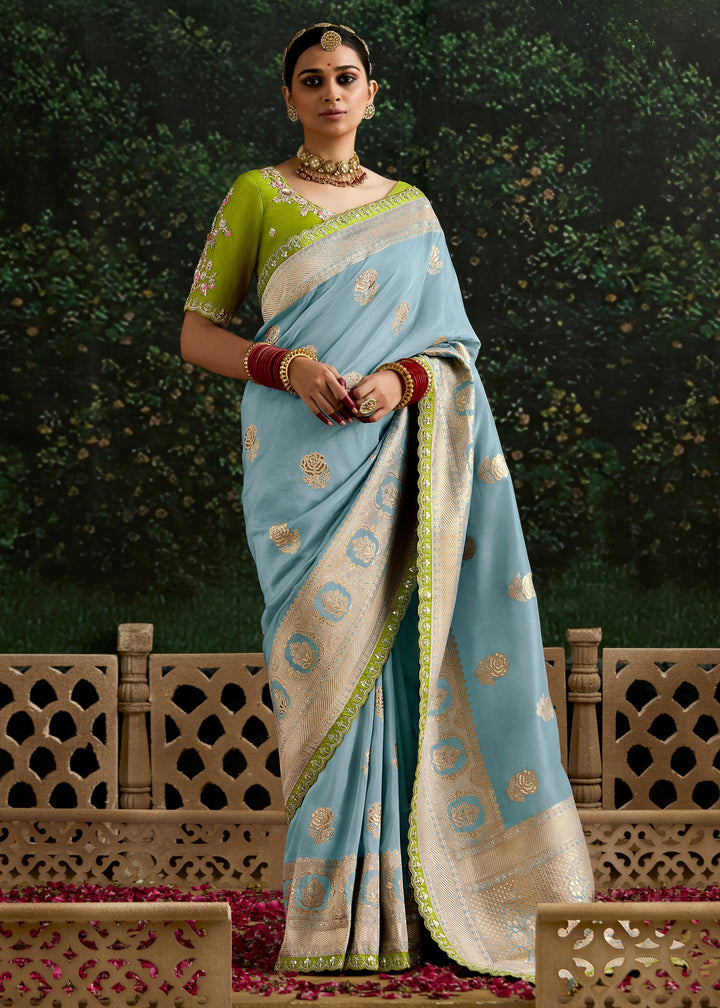 Sky-blue and Lime-green Viscose silk Saree with Zari work