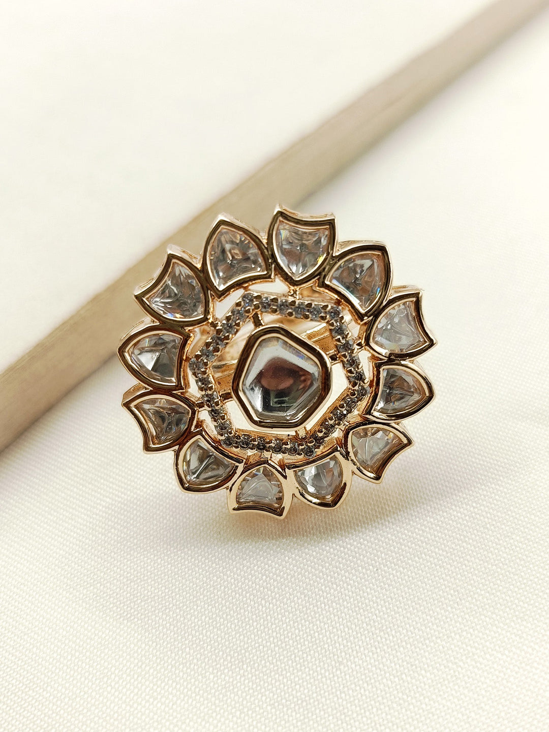 Pranya White Kundan Finger Ring with intricate floral design and sparkling gemstones