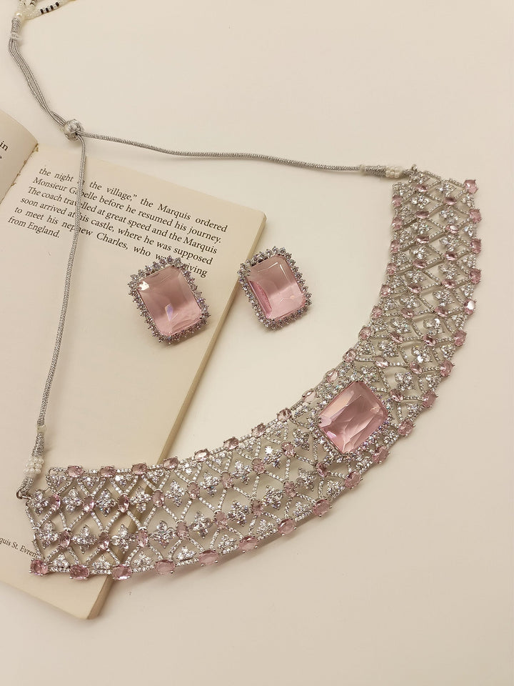 Ida Pink American Diamond Necklace Set