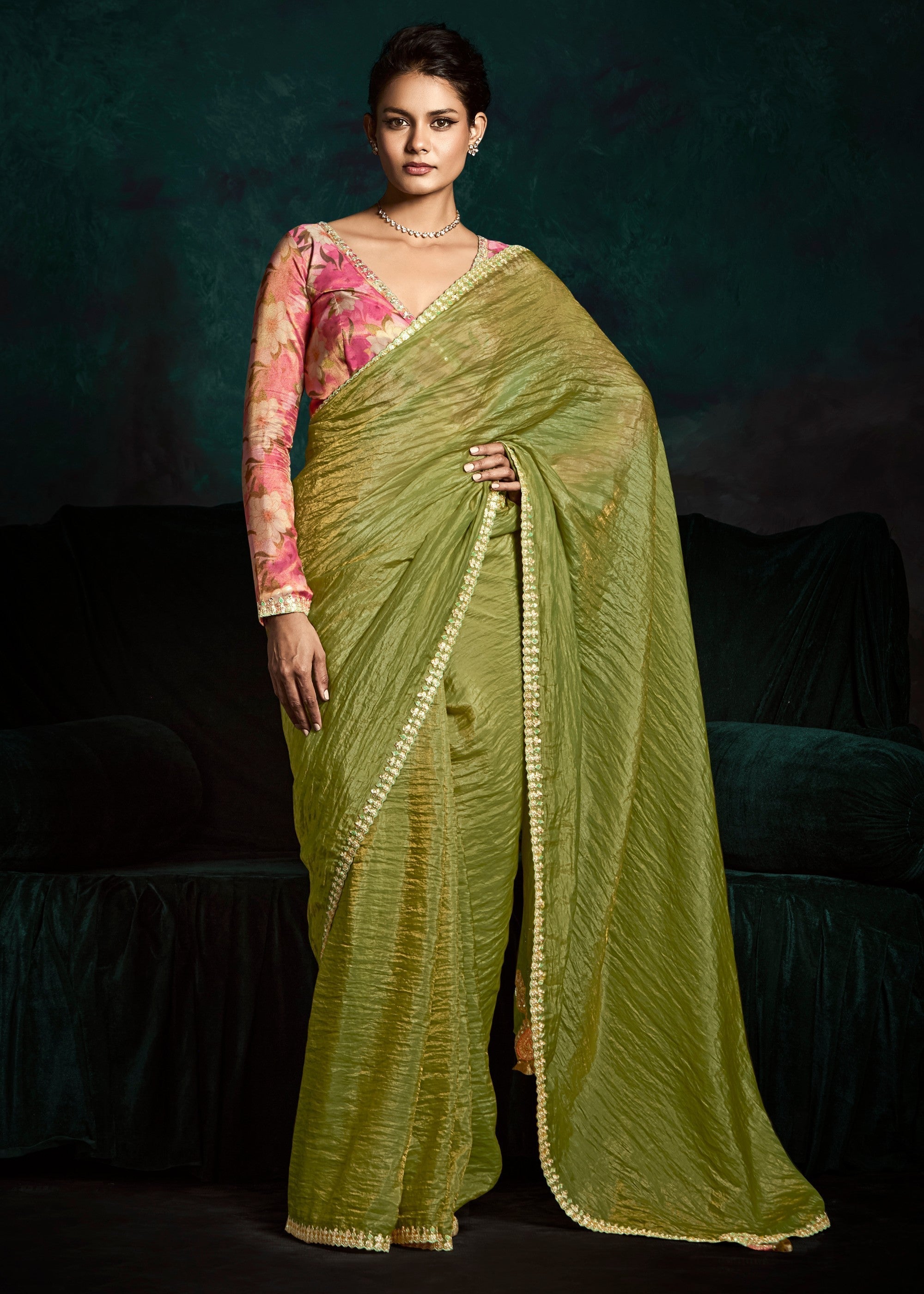 Kelly Green Fancy Fabric Silk Saree With Sequins And Thread Embroidered Butti Work - qivii