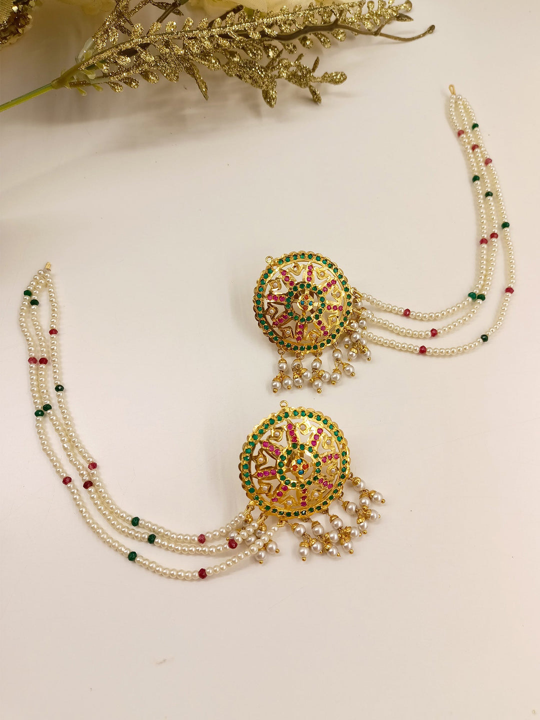 Triguni Multi Colour Jadau Earrings With Side Chain