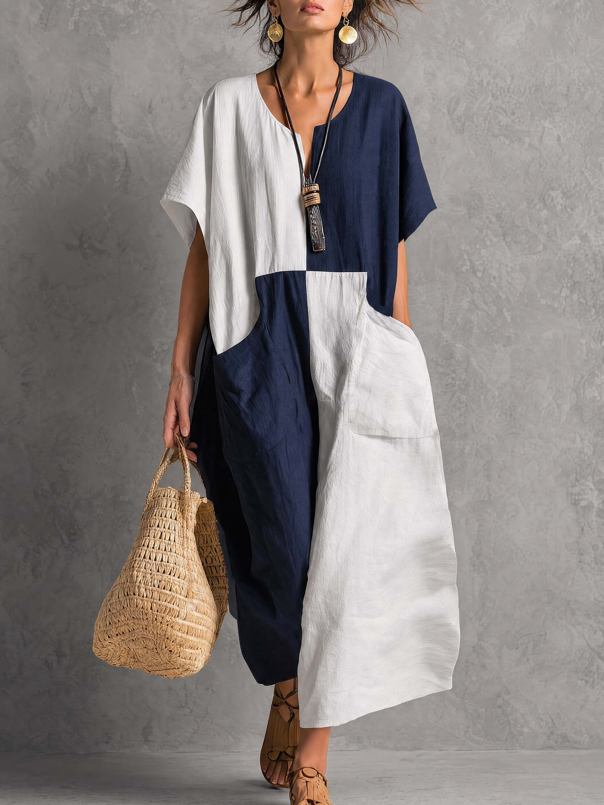Retro White And Blue Color Blocked Cotton And Linen Short Sleeved Midi Dress  - By Qivii