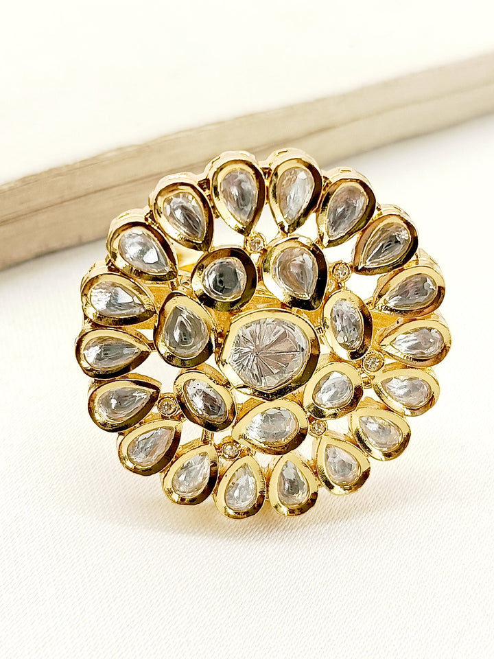 Pankriti White Kundan Finger Ring with Intricate Gold Detailing and Sparkling Gemstones 