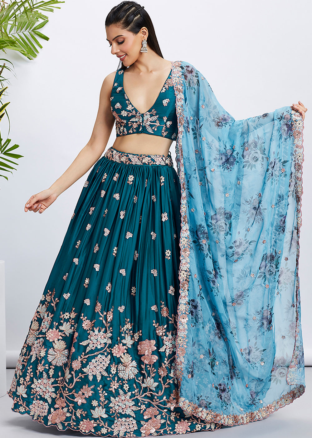 Teal Blue Georgette Lehenga Choli with Sequins & Thread Embroidery work | Ready To Wear - qivii