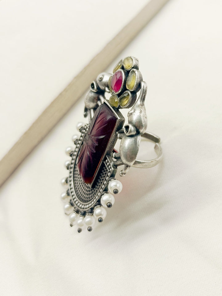 Elyna Maroon Elephant Oxidized Finger Ring