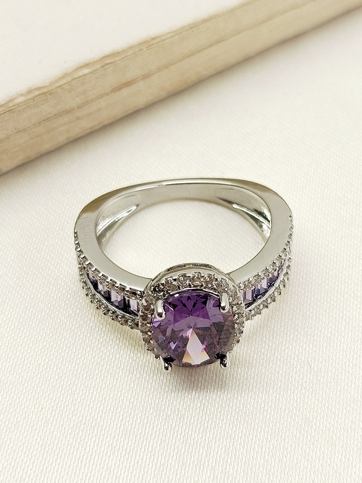 Dazzling Dimple Purple American Diamond Finger Ring with silver band and intricate design