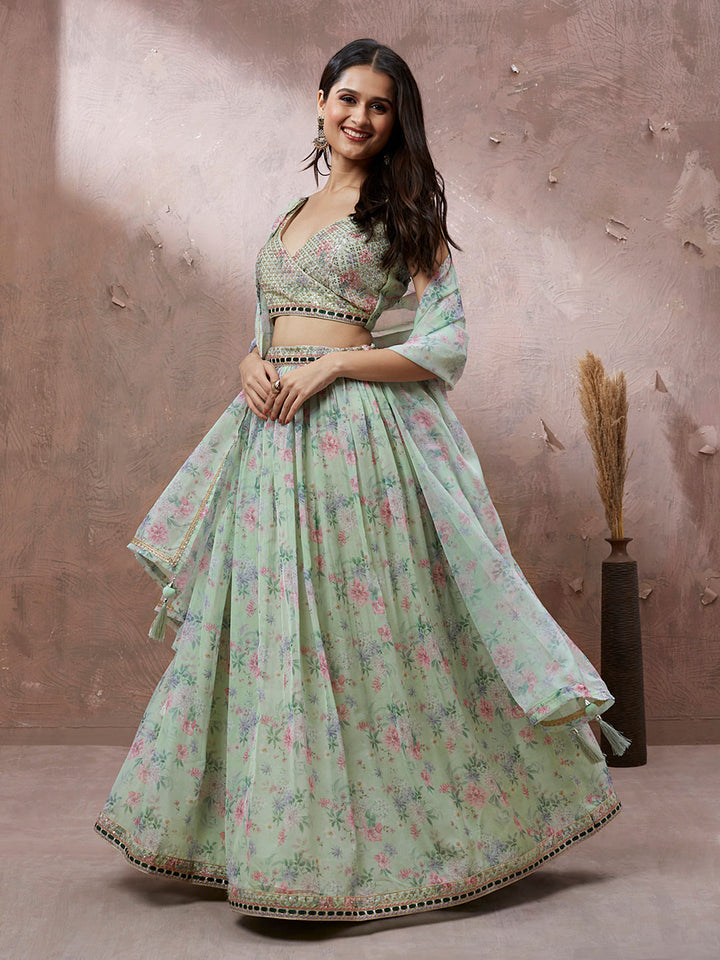 Lime Green Organza Floral Printed Stitched Lehenga choli - qivii