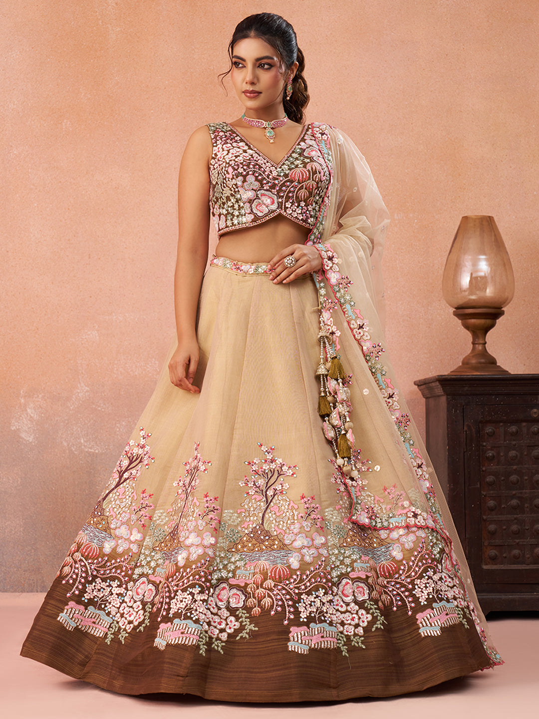 Brown  Sequins Embroidered Omber Brown Semi-Stitched Lehenga Set