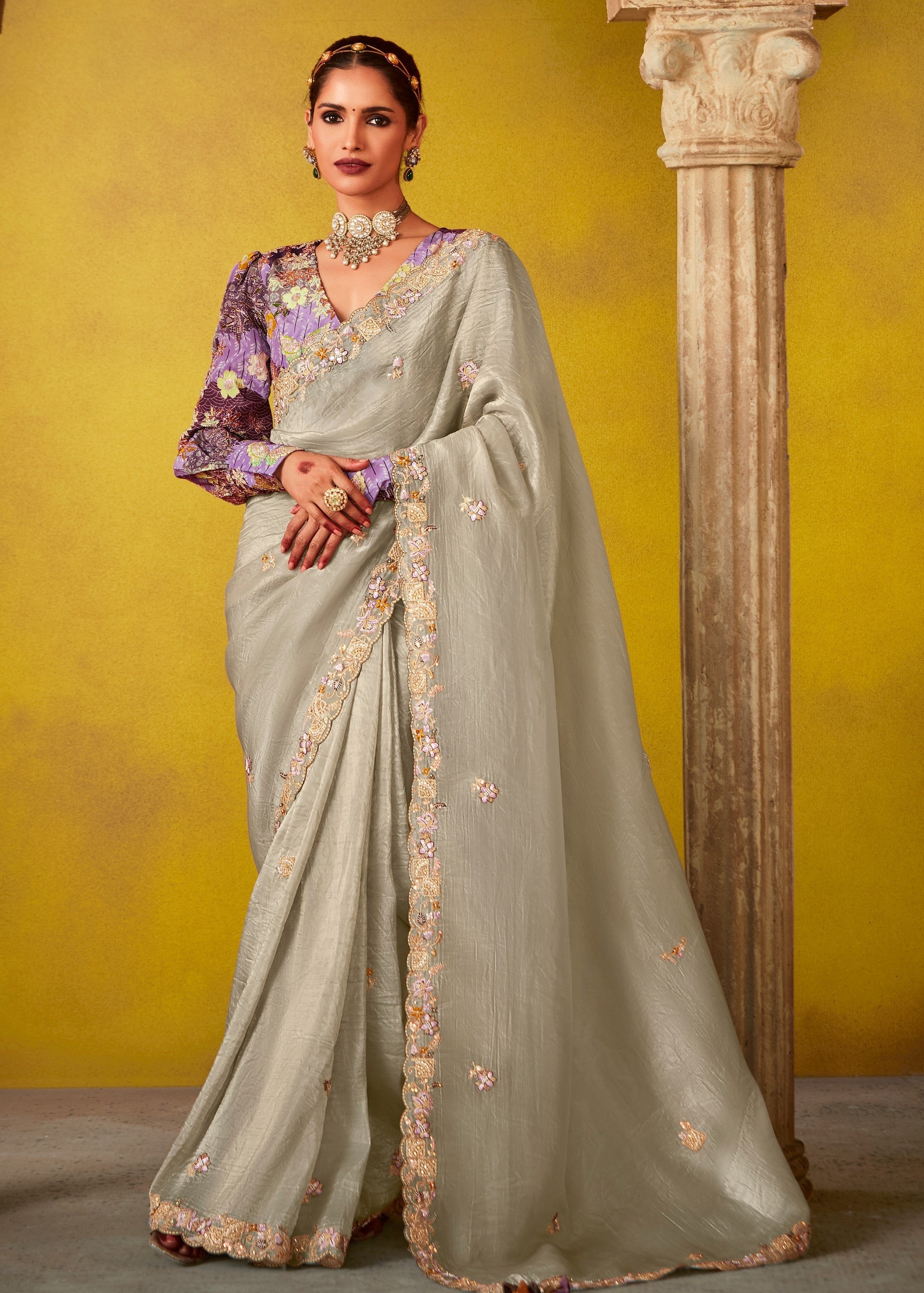Rhino Grey Glass Tissue Silk Saree With Sequins And Thread Embroidered Work - qivii