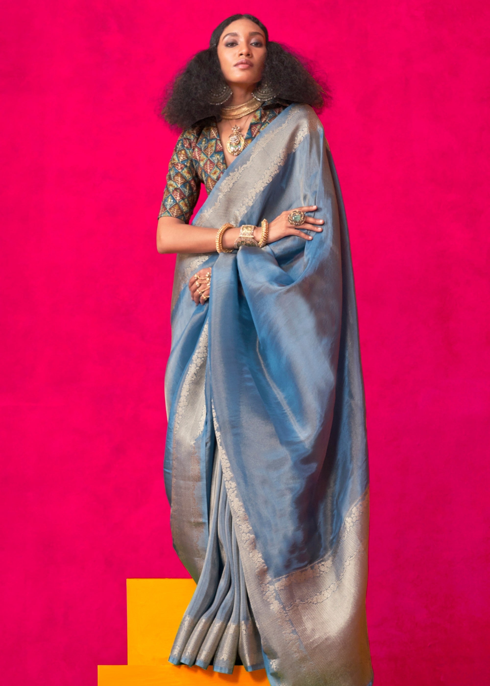 Olympic Blue Zari Tissue Silk Saree With Weaving Border - qivii