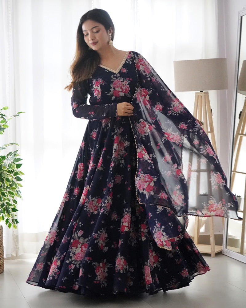 Floral Navy Blue Color Pure Soft Georgette Anarkali Suit  - By Qivii