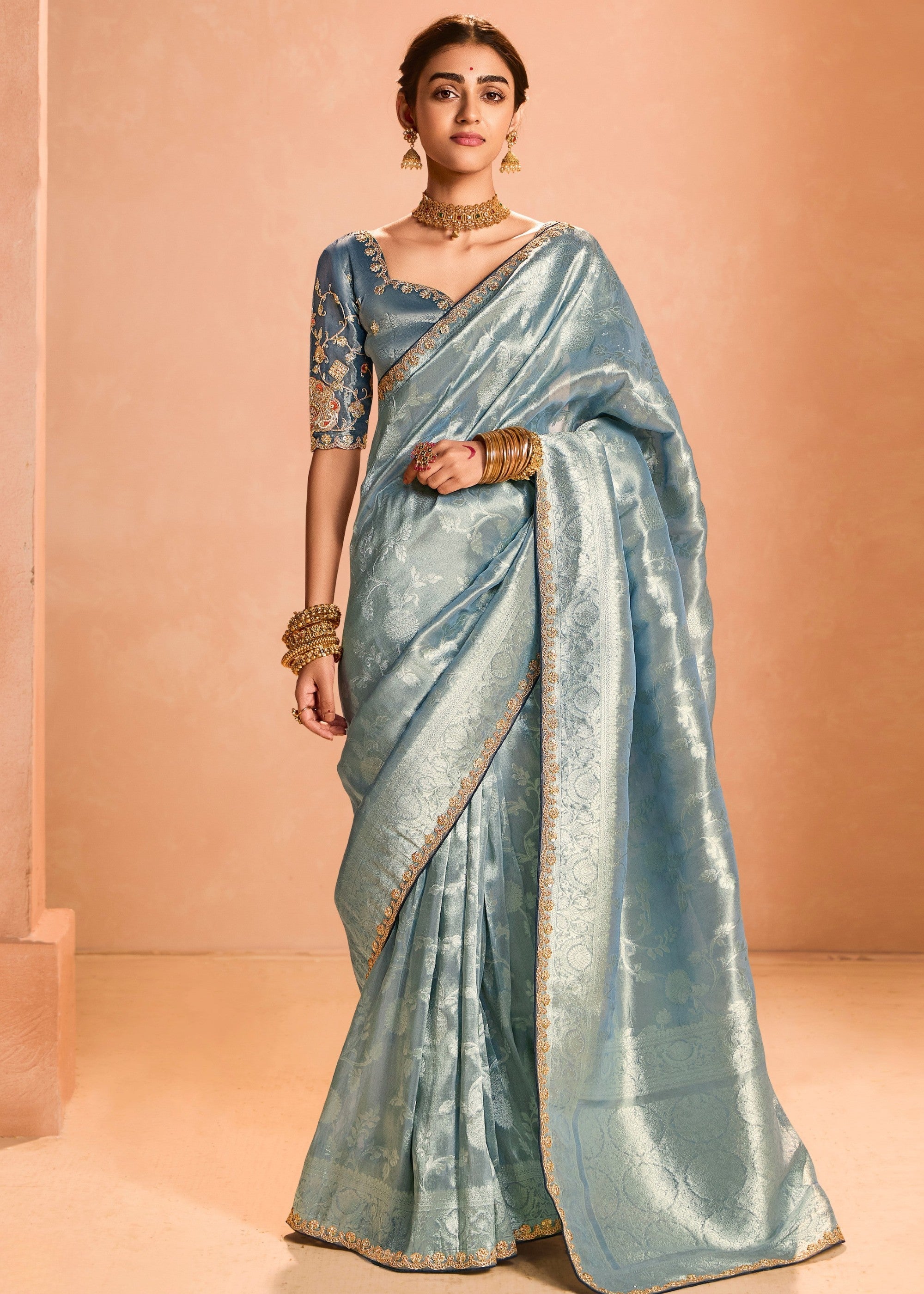 Pacific Blue Zari Tissue Silk Saree With Weaving Work And Heavy Embroidery Lace - qivii