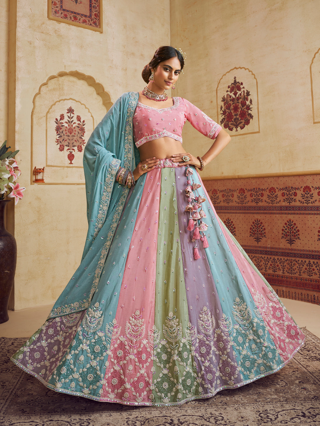 Turquoise Blue Color Poly Chiffon Fabric Sequins embroidery Lehenga choli & Dupatta - qivii