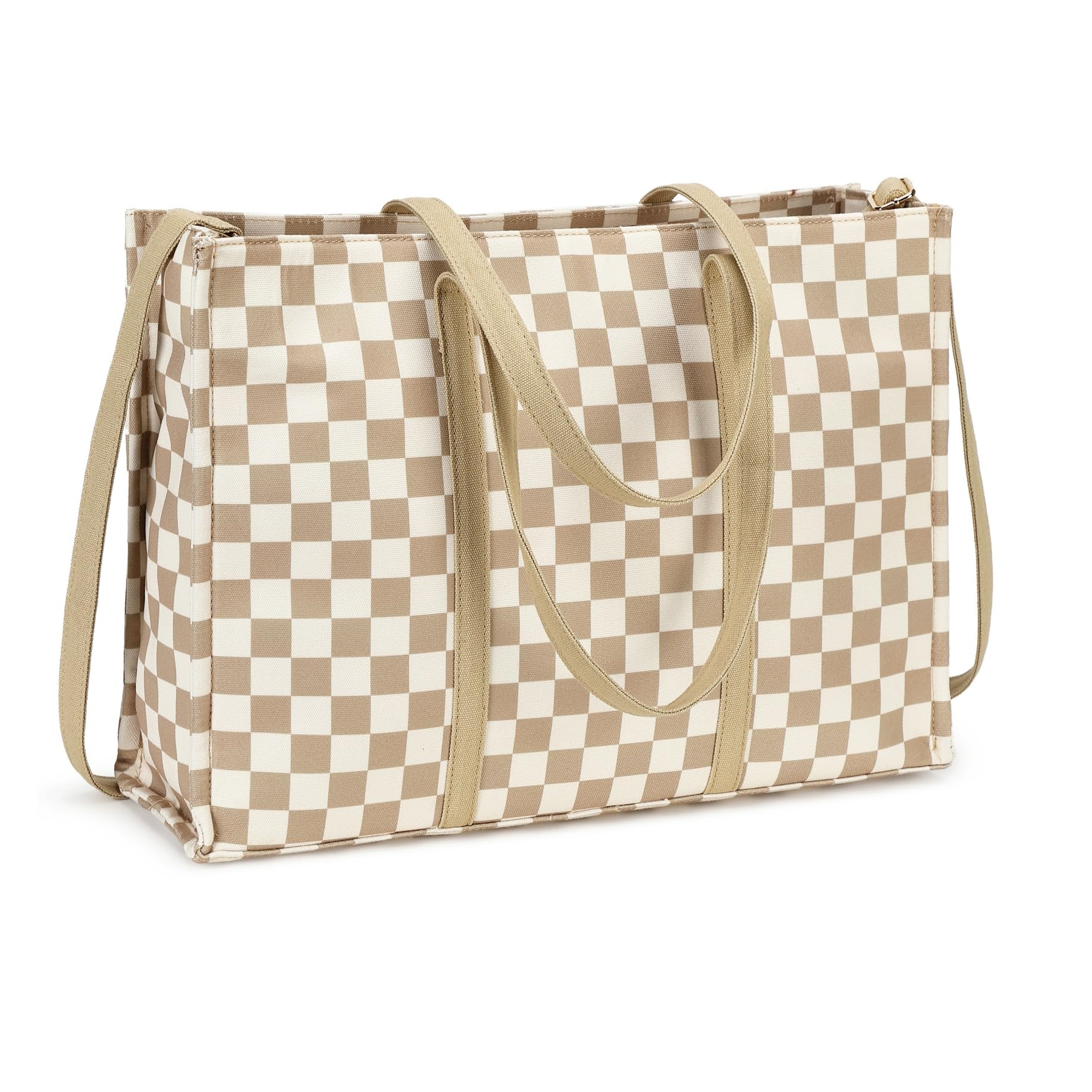 Ounamei Checkered Canvas Work Tote | Zippered Laptop Shoulder & Crossbody Bag (15.6–16”)