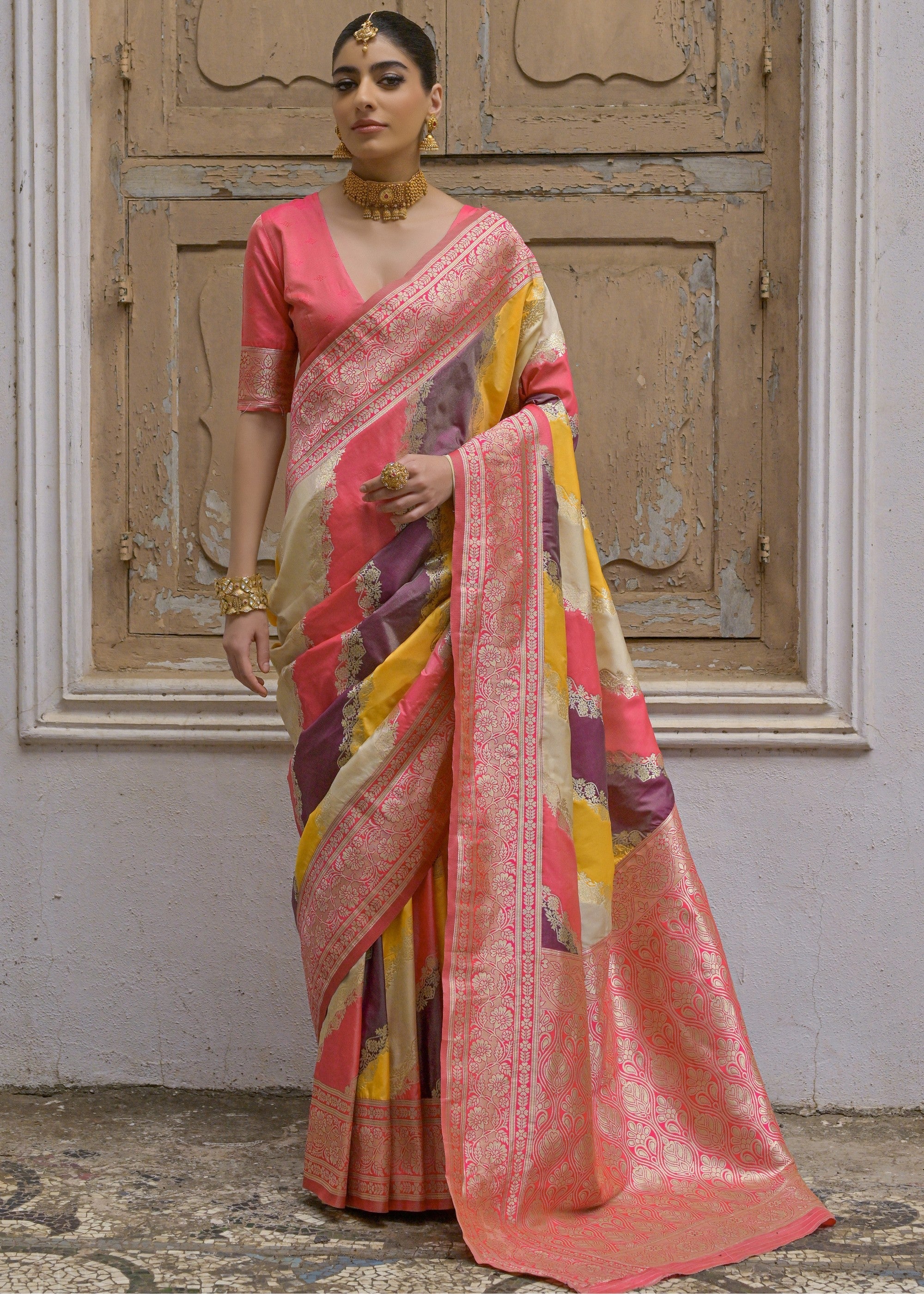 Yellow Leriya Zari Woven Saree With Contrast Pallu - qivii