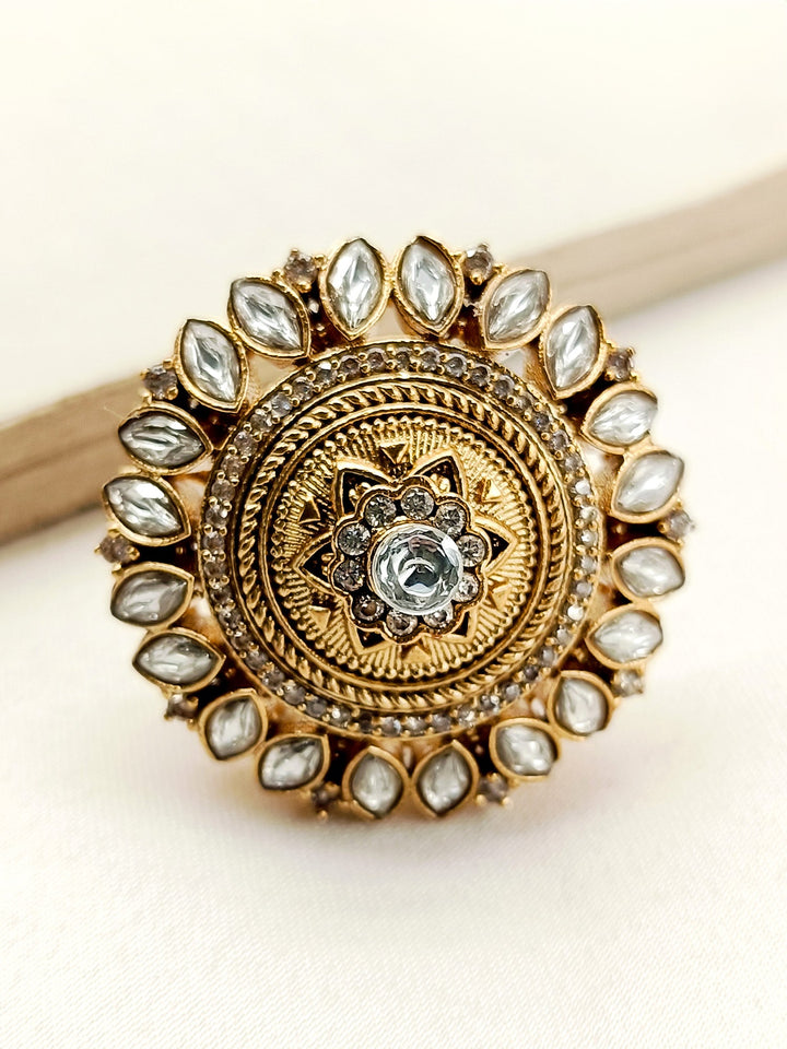 Beautiful Vada White Kundan Finger Ring with Intricate Floral Design and Sparkling Gemstones