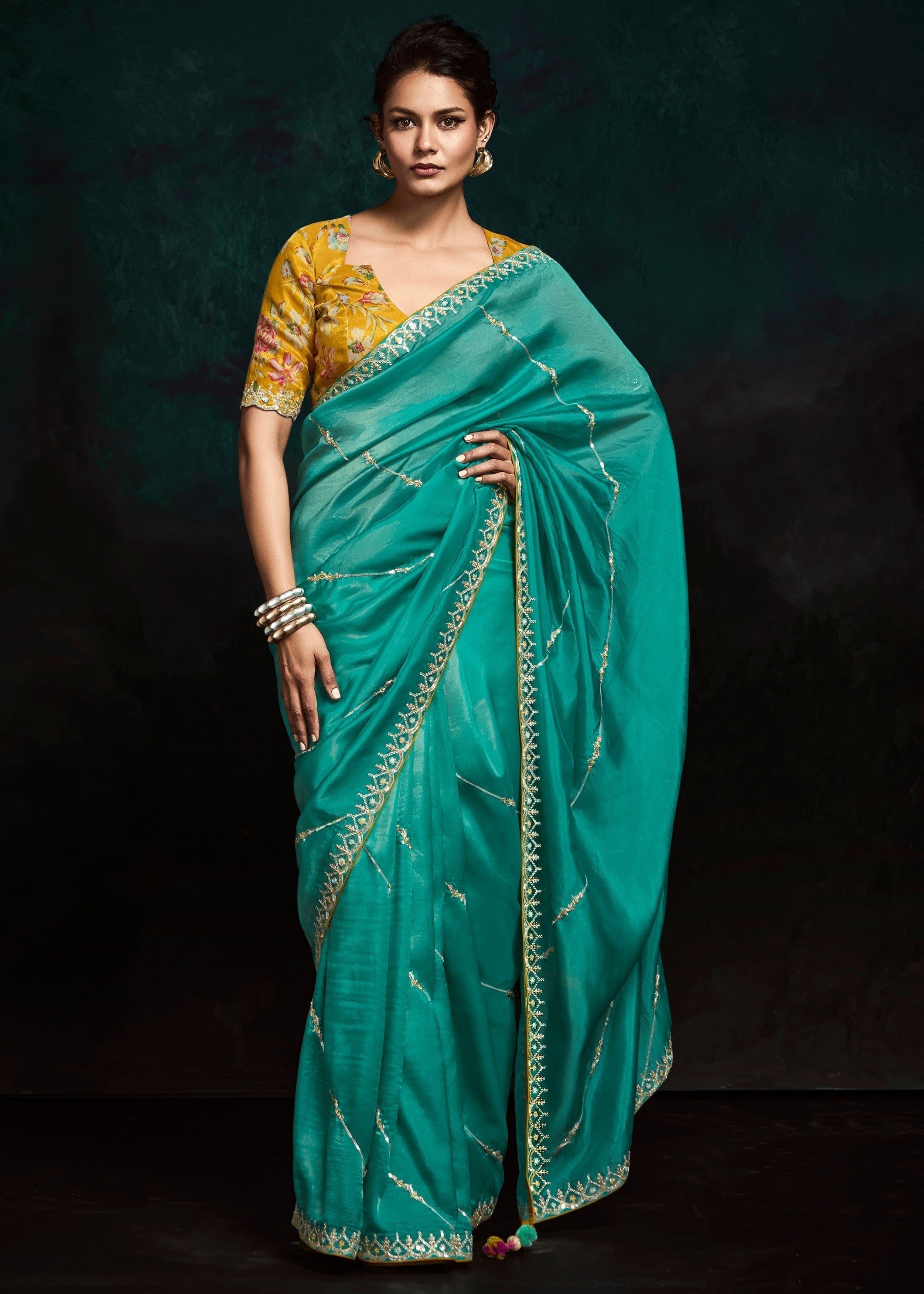 Jade Green Fancy Fabric Silk Saree With Sequins And Thread Embroidered Butti Work - qivii