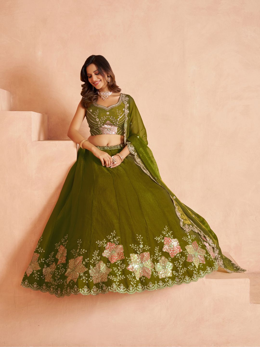 Elegant Floral Green Embroidered Tissue Lehenga Choli Set